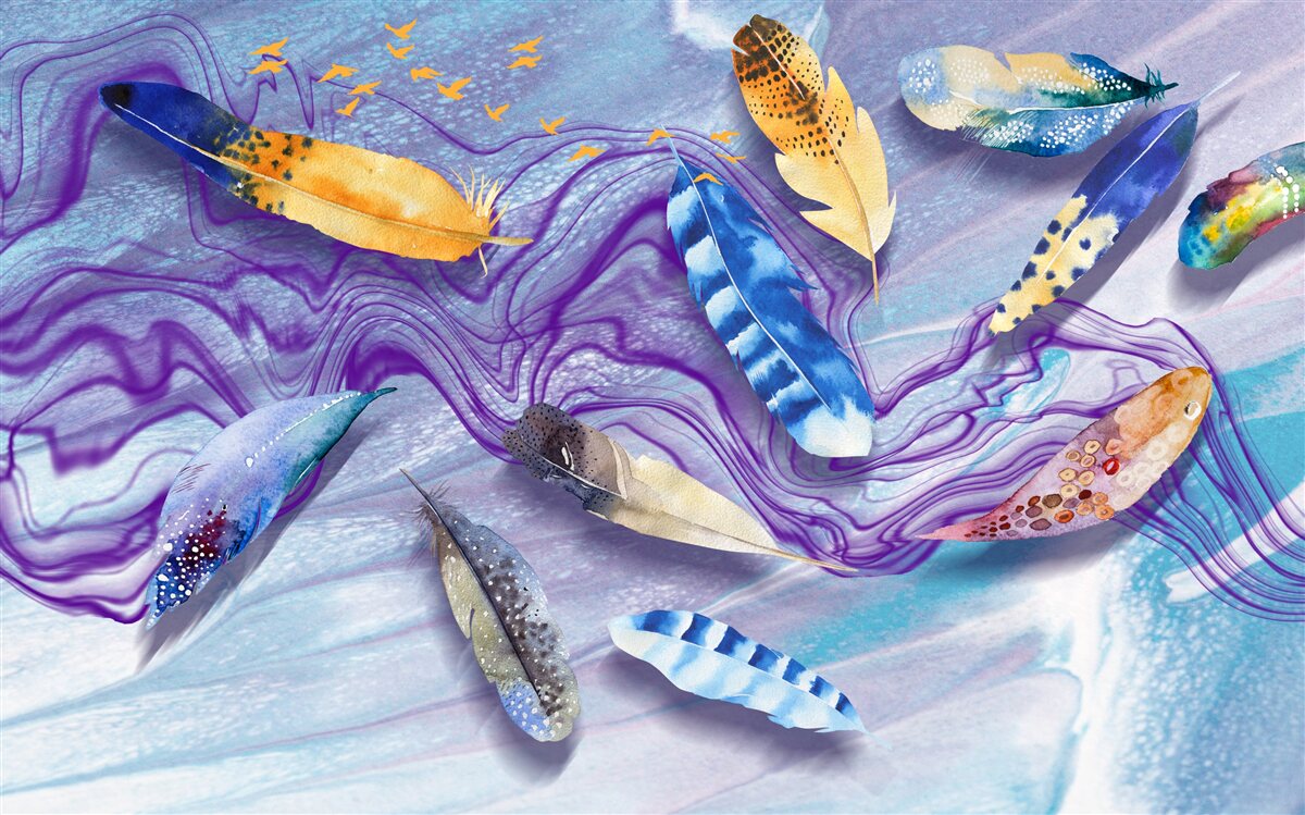 Fotobehang de golven van inkt zijn versierd met veren