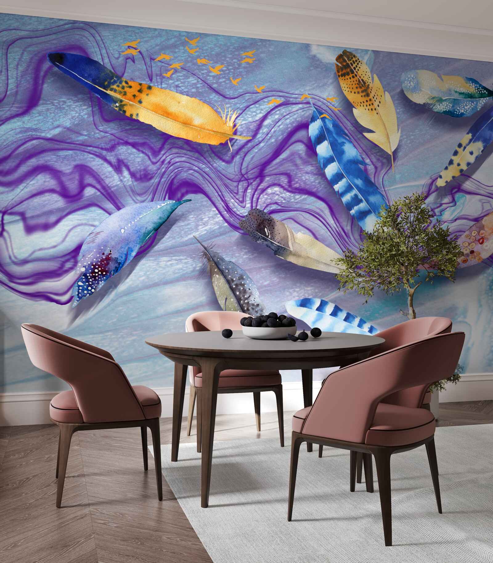 Fotobehang de golven van inkt zijn versierd met veren