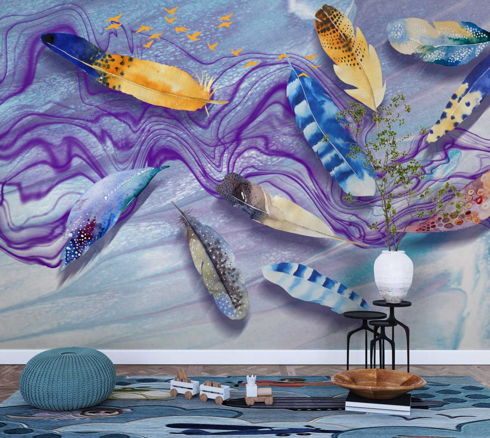 Fotobehang de golven van inkt zijn versierd met veren