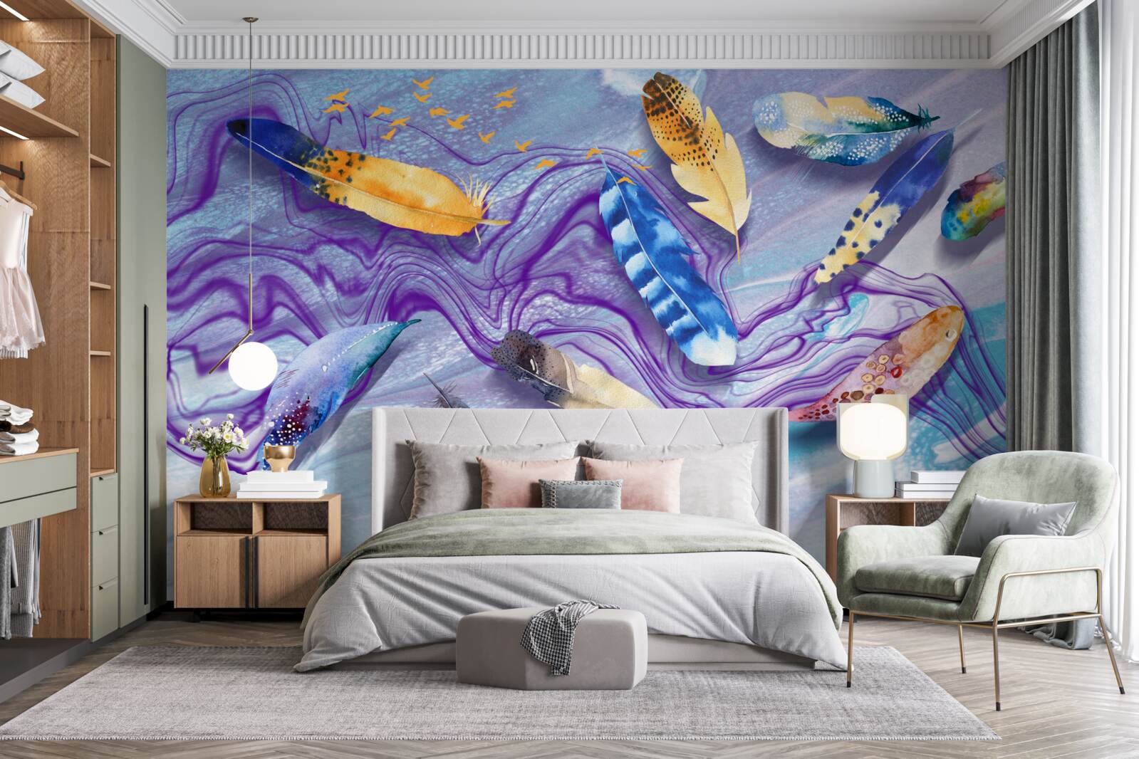 Fotobehang de golven van inkt zijn versierd met veren