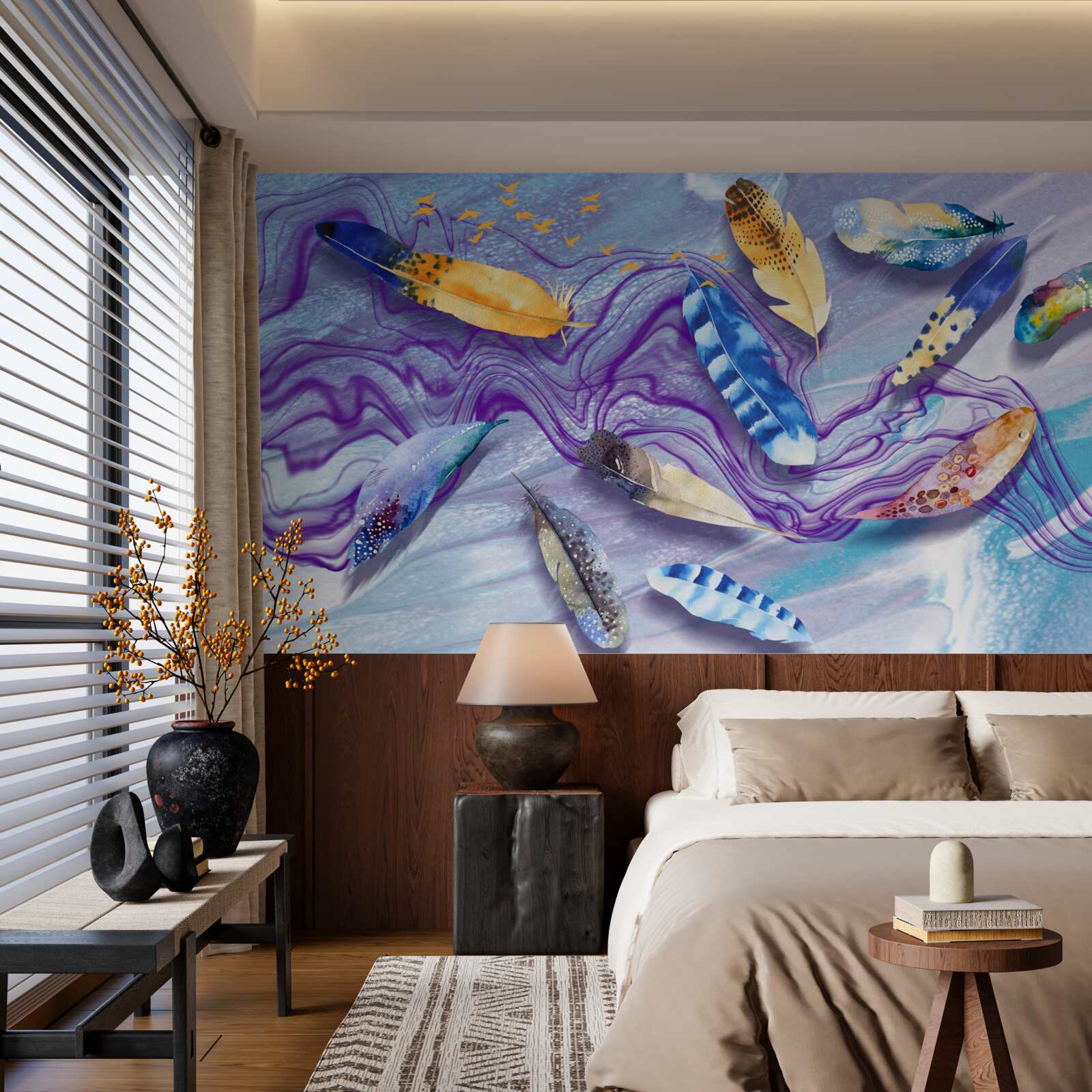 Fotobehang de golven van inkt zijn versierd met veren