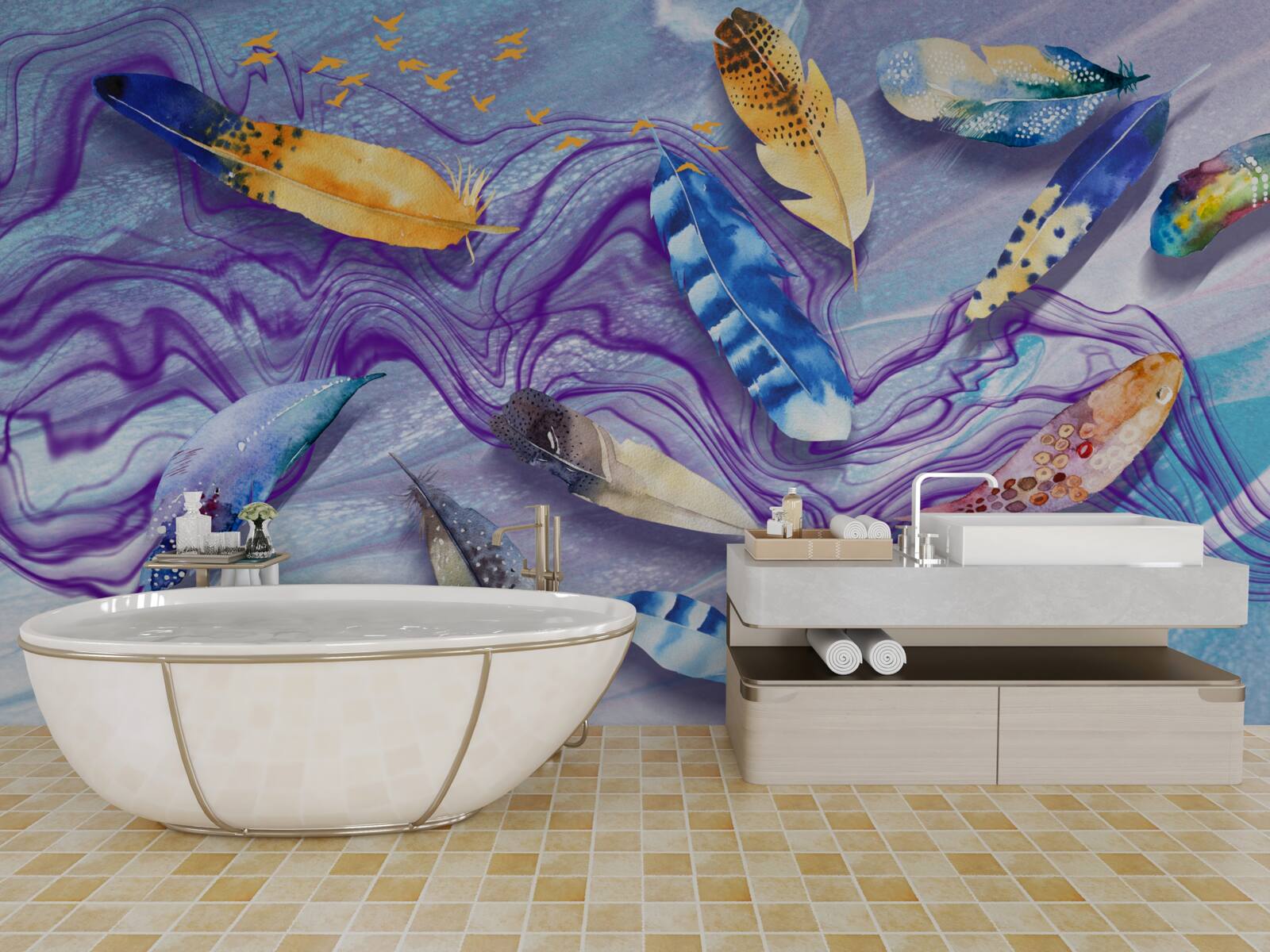 Fotobehang de golven van inkt zijn versierd met veren