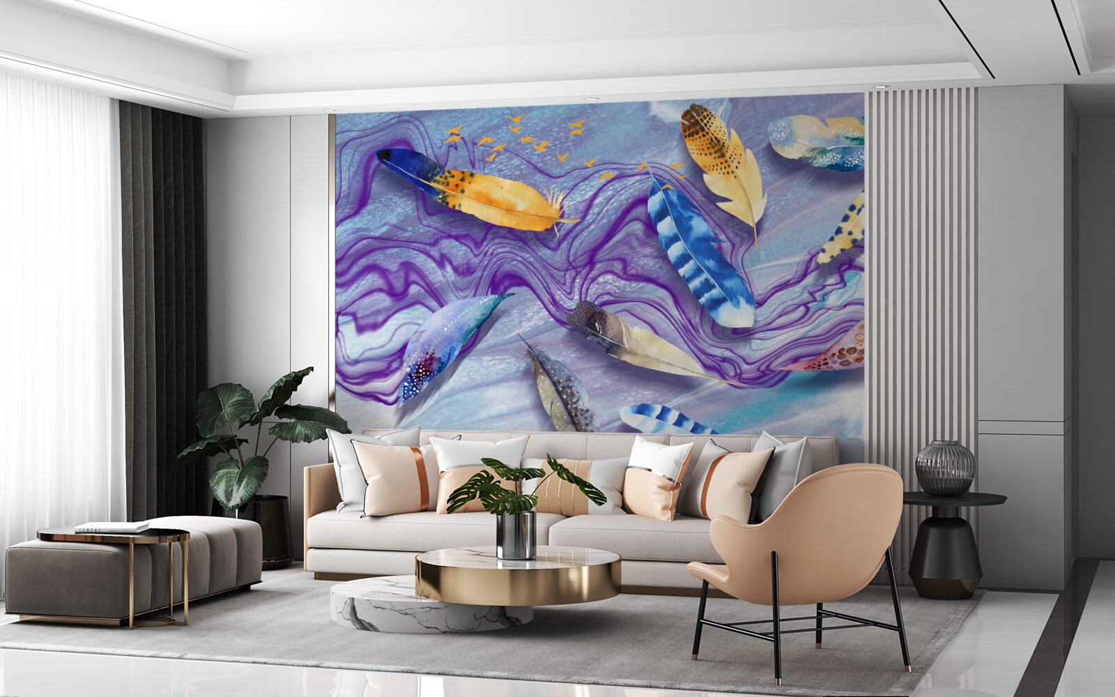 Fotobehang de golven van inkt zijn versierd met veren