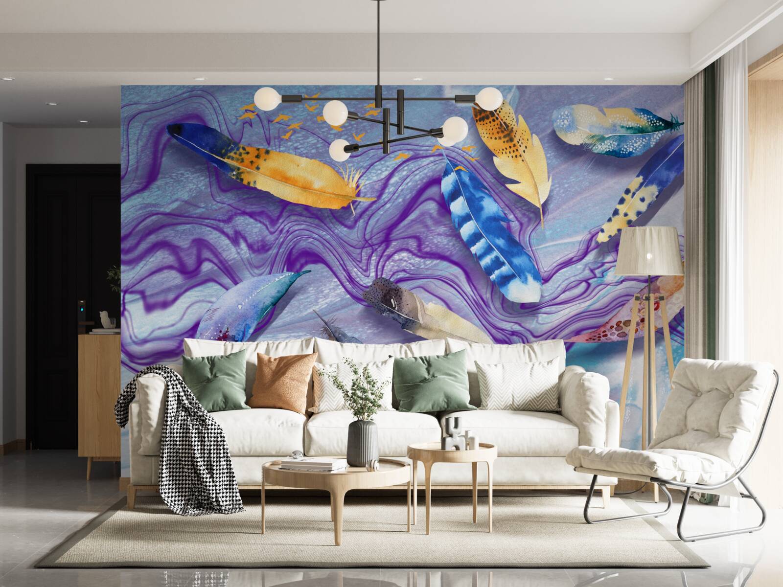 Fotobehang de golven van inkt zijn versierd met veren