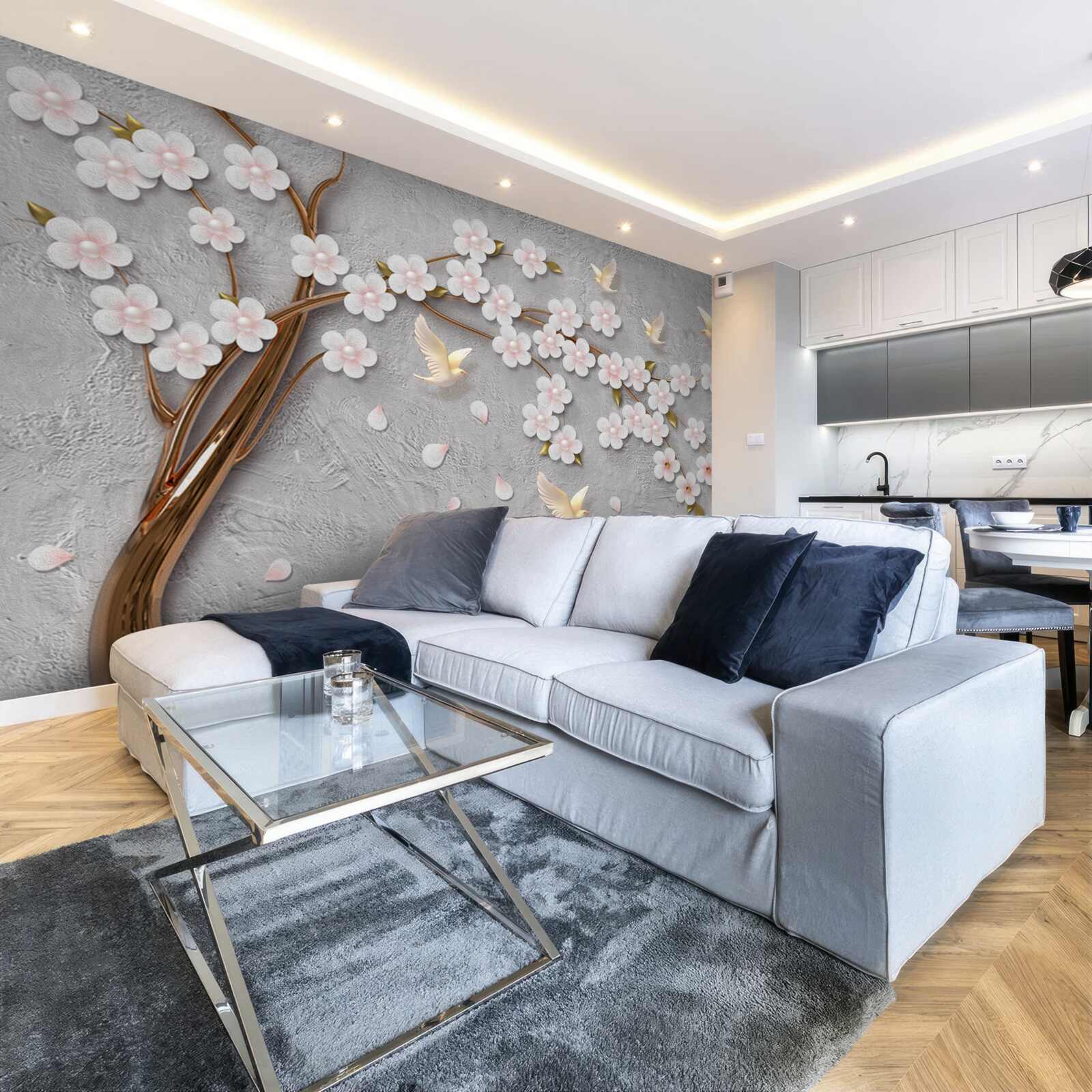 Fotobehang bloeiende boom en sneeuwwitte duiven