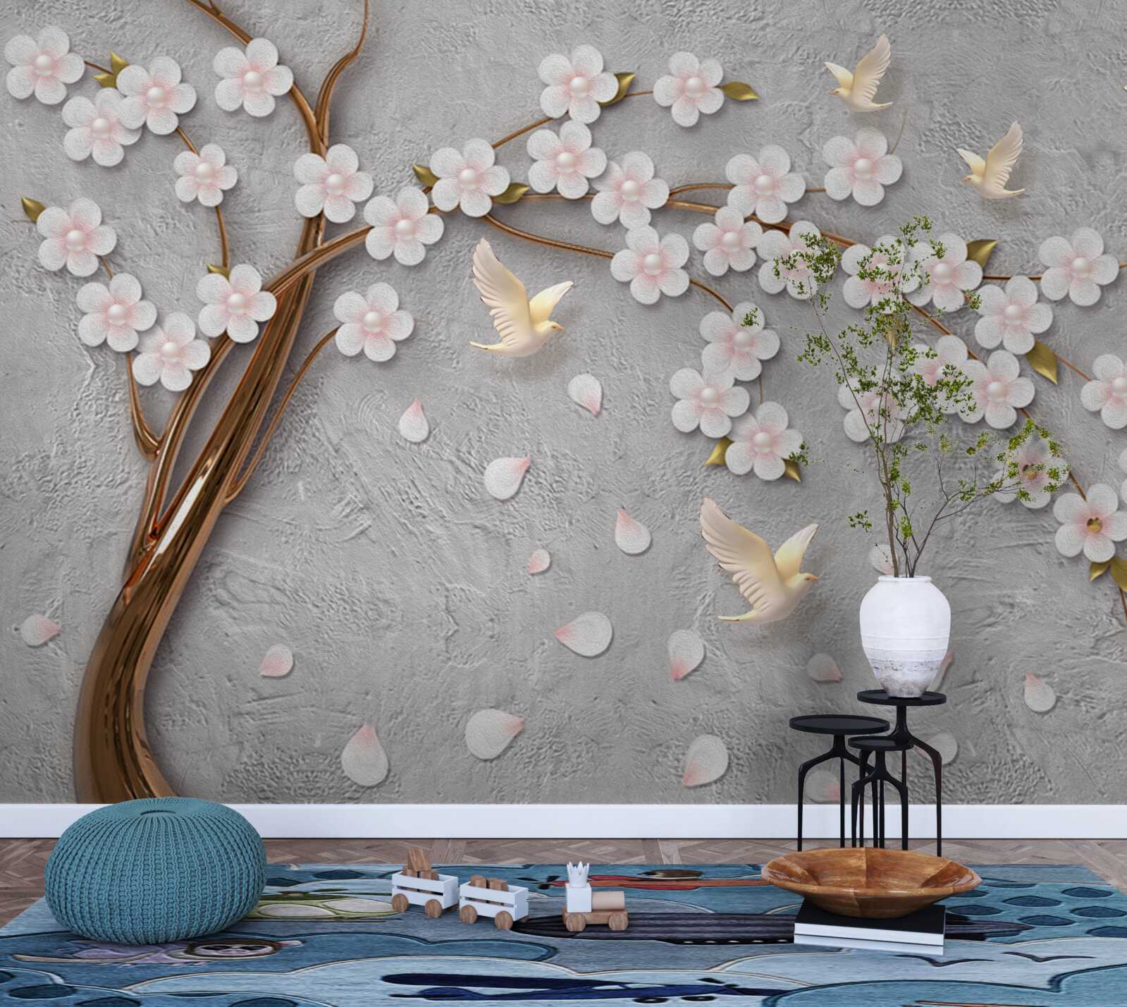 Fotobehang bloeiende boom en sneeuwwitte duiven