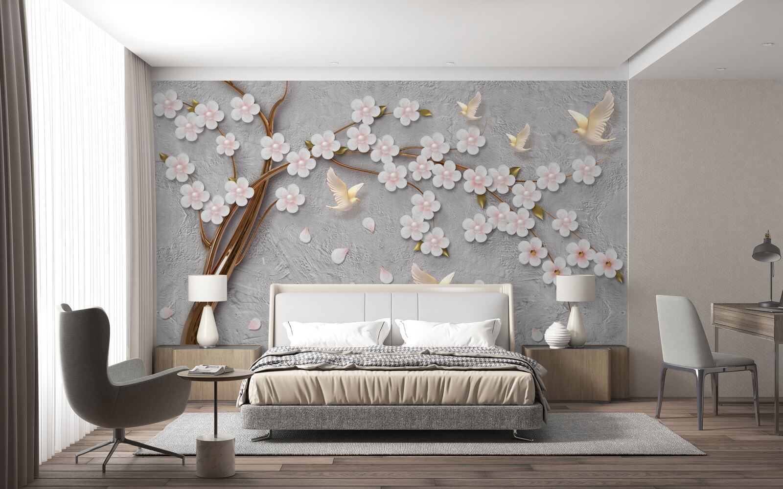 Fotobehang bloeiende boom en sneeuwwitte duiven