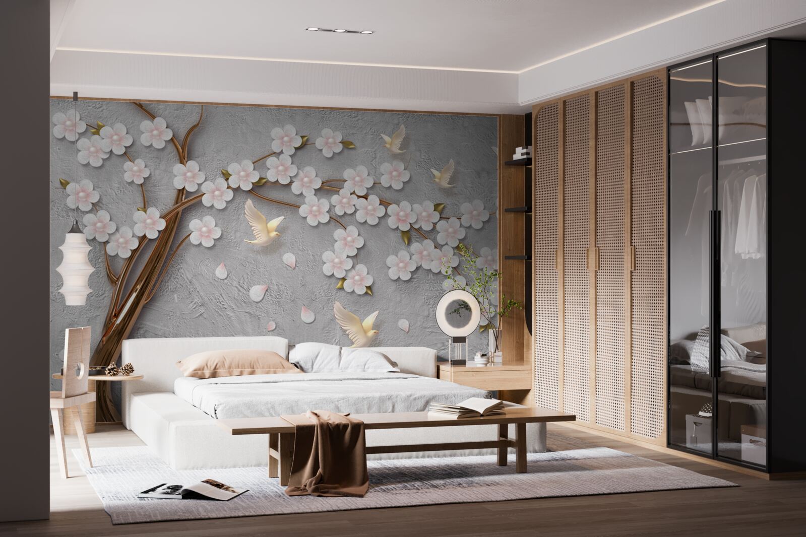 Fotobehang bloeiende boom en sneeuwwitte duiven