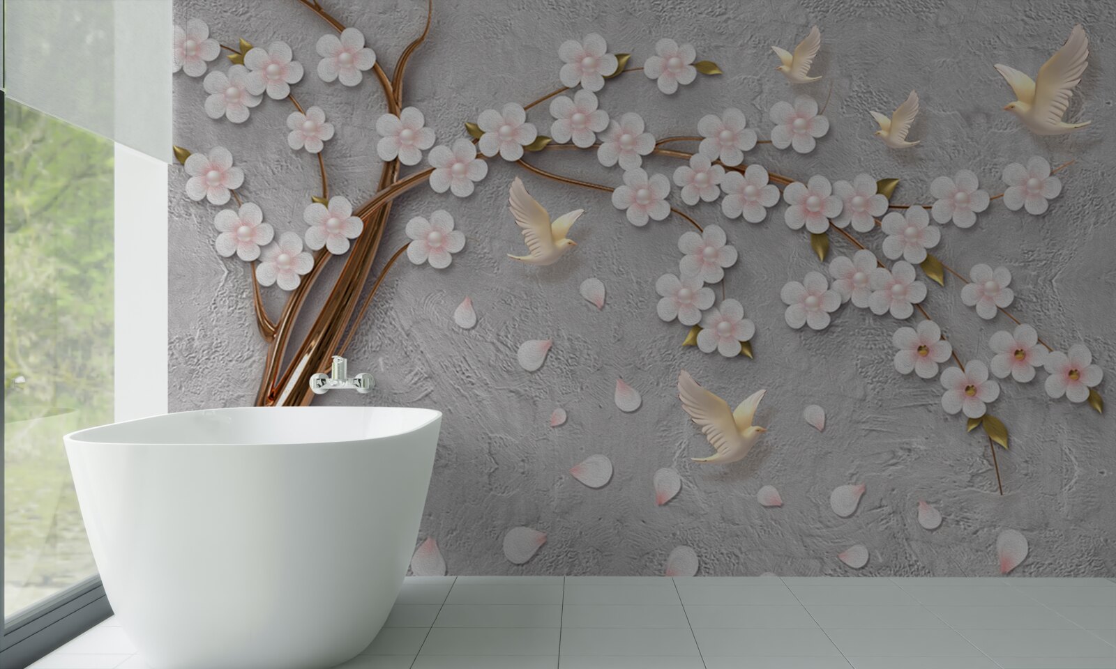 Fotobehang bloeiende boom en sneeuwwitte duiven