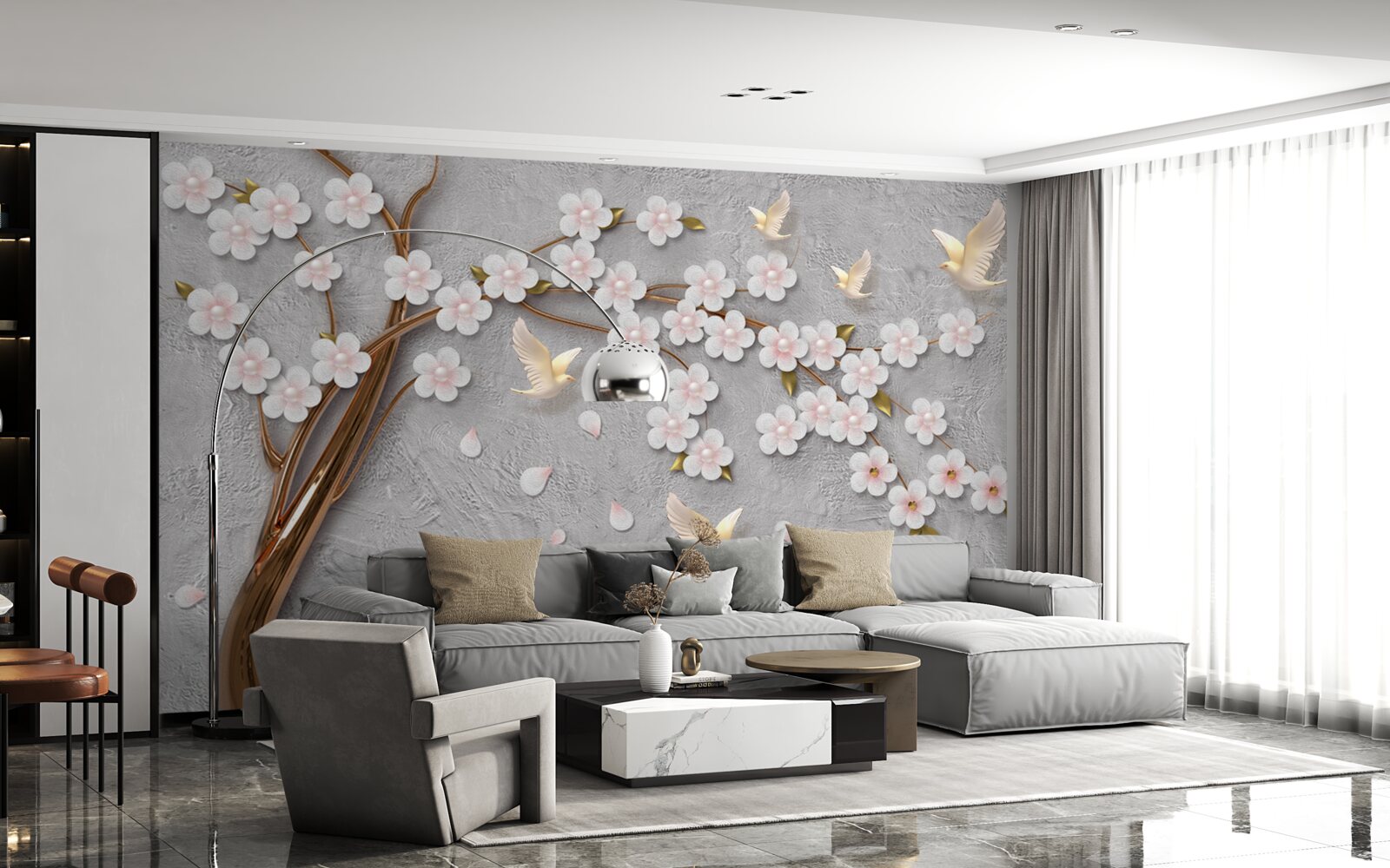 Fotobehang bloeiende boom en sneeuwwitte duiven