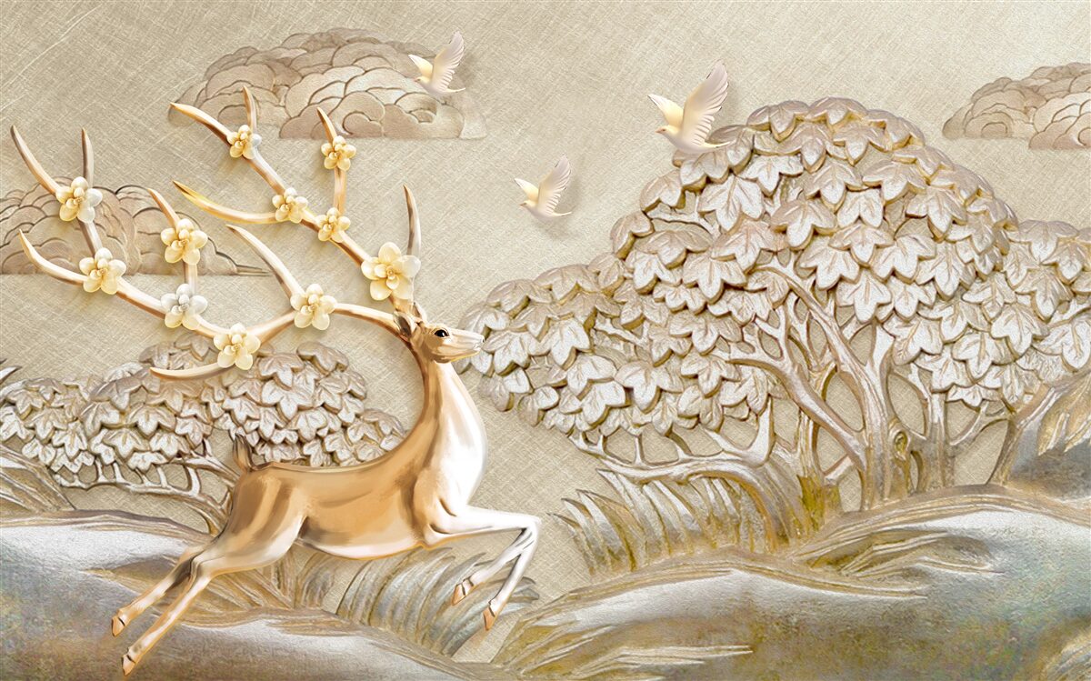 Fotobehang gouden herten die weelderig door een weide rennen