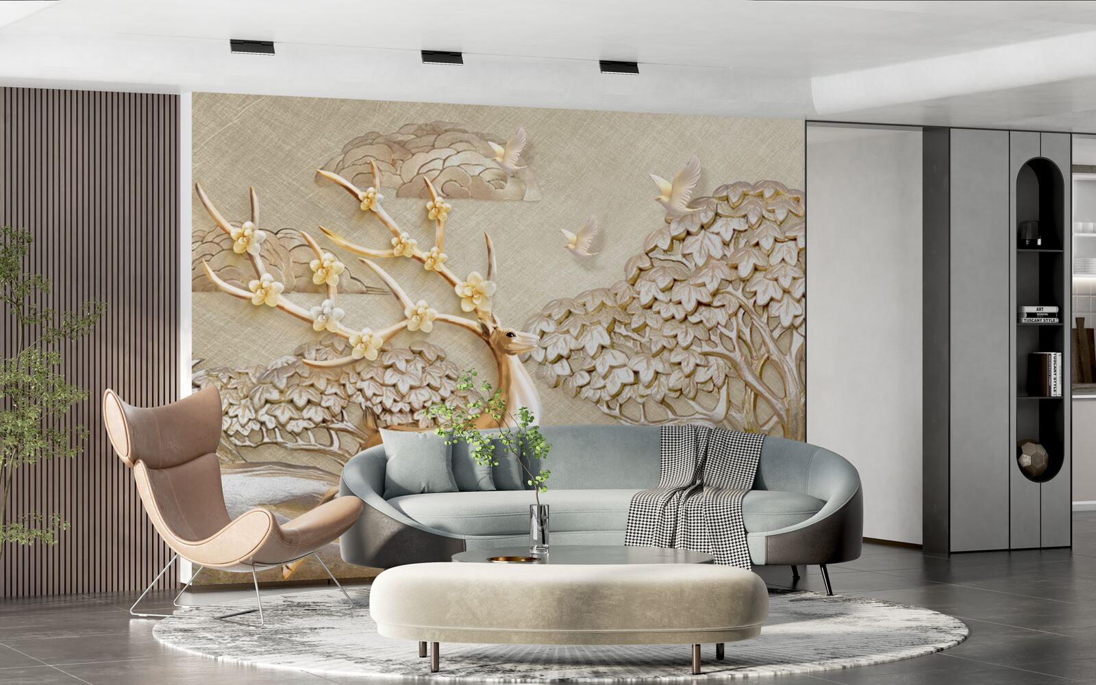 Fotobehang gouden herten die weelderig door een weide rennen