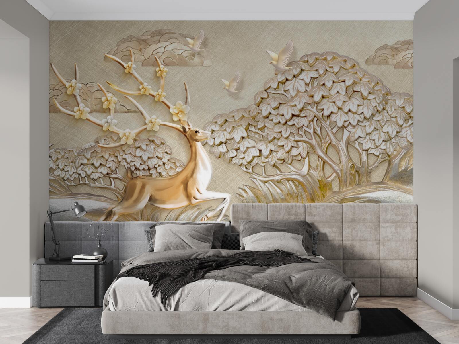 Fotobehang gouden herten die weelderig door een weide rennen