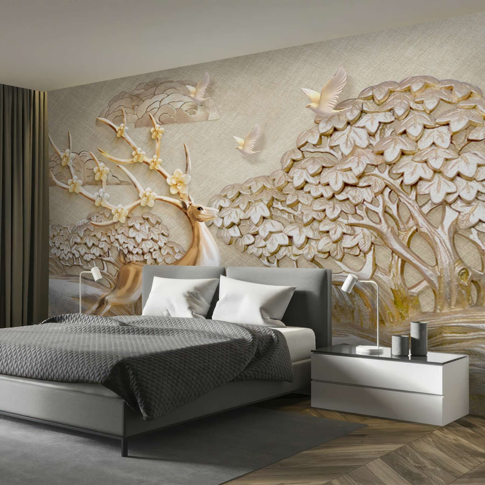 Fotobehang gouden herten die weelderig door een weide rennen