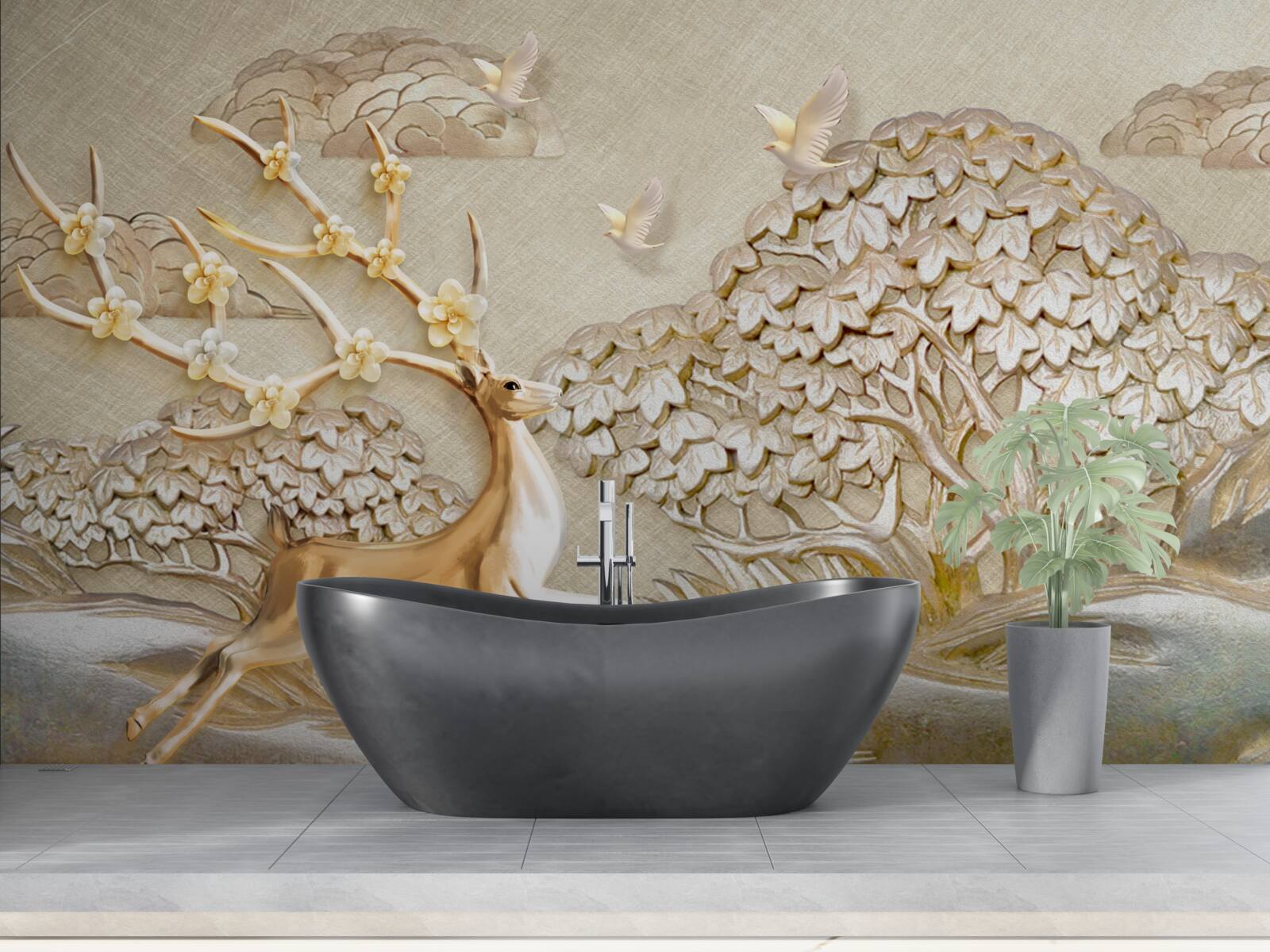 Fotobehang gouden herten die weelderig door een weide rennen