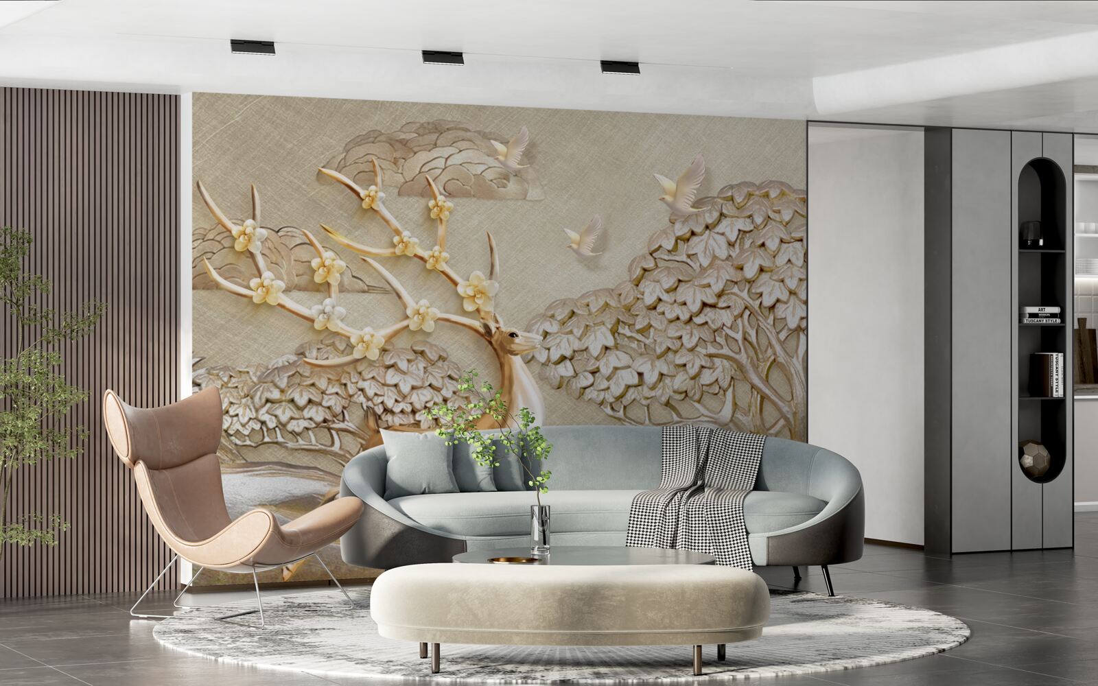 Fotobehang gouden herten die weelderig door een weide rennen