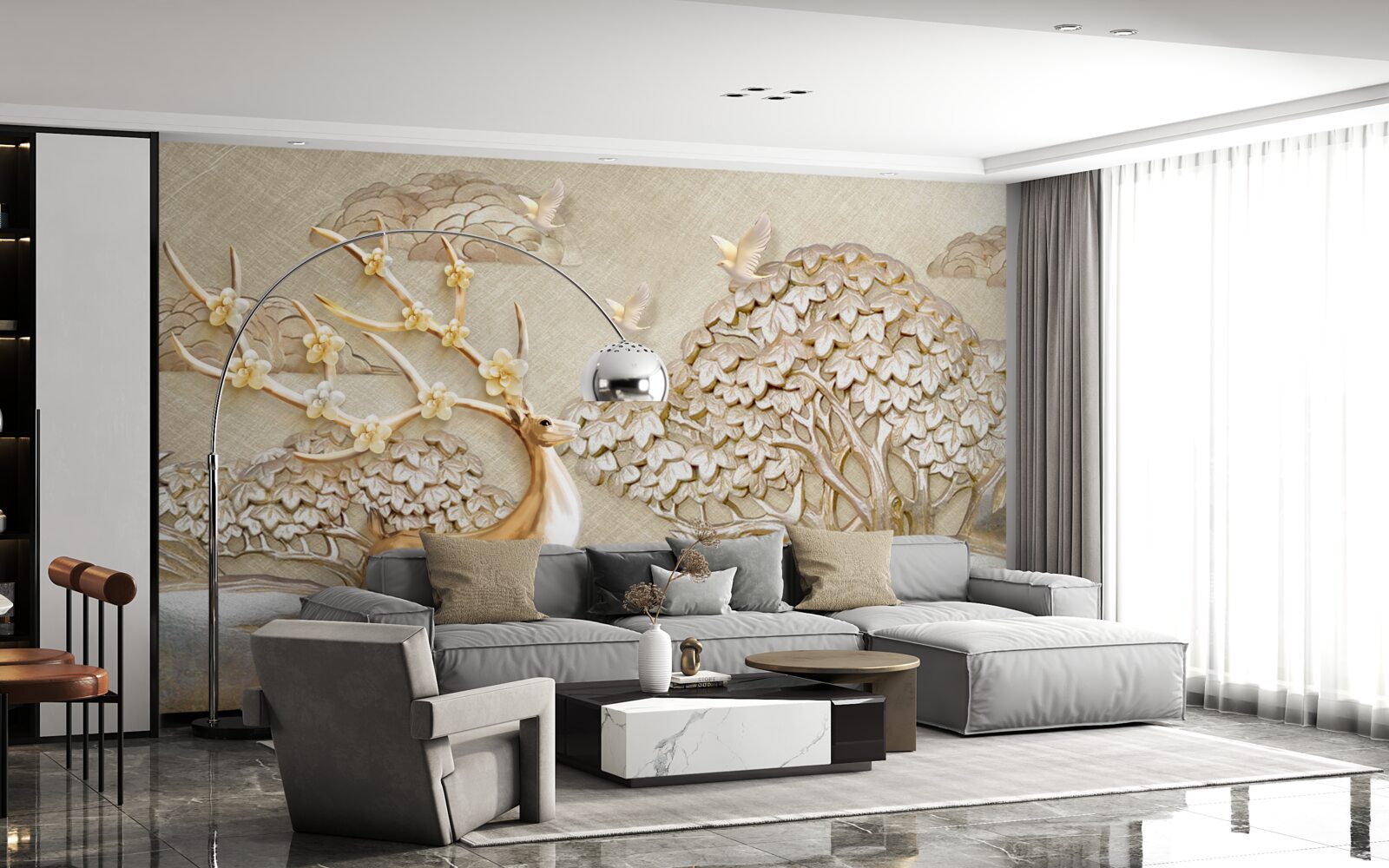 Fotobehang gouden herten die weelderig door een weide rennen