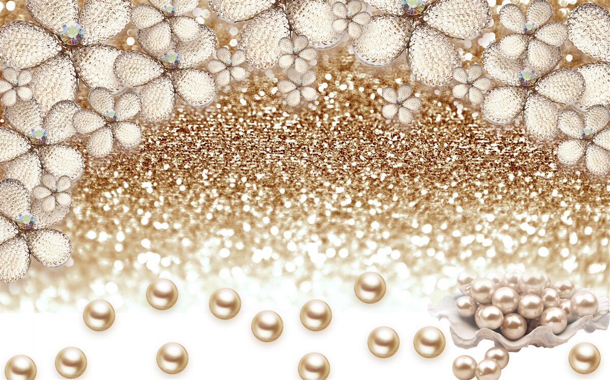 Fotobehang witte en gouden bloemen en parels