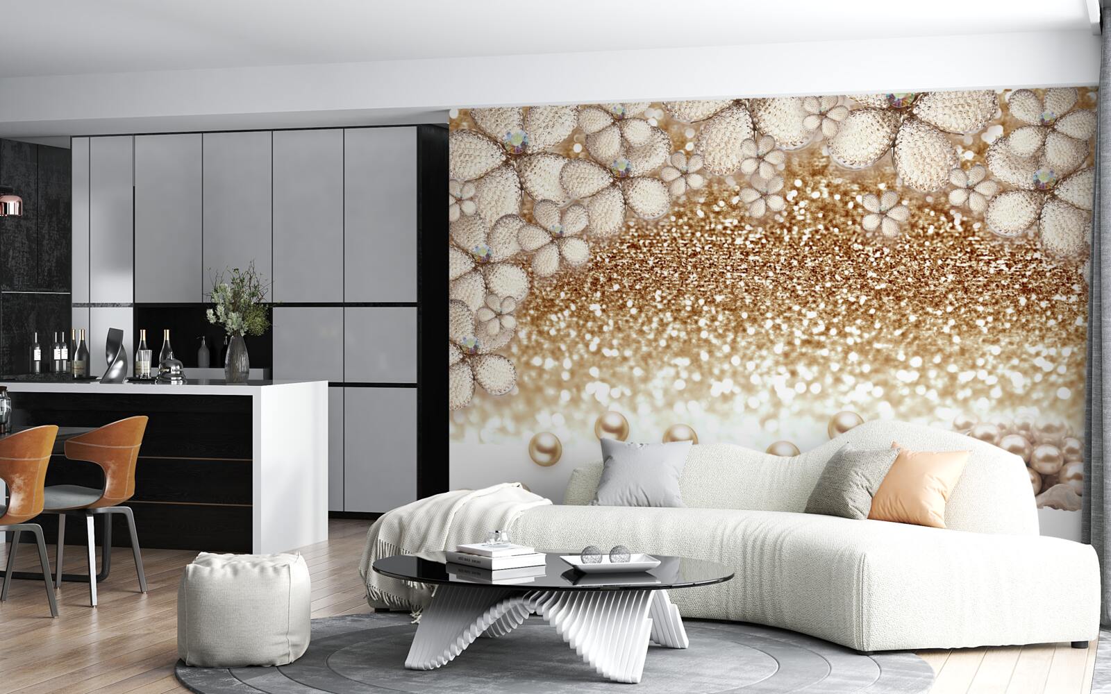 Fotobehang witte en gouden bloemen en parels