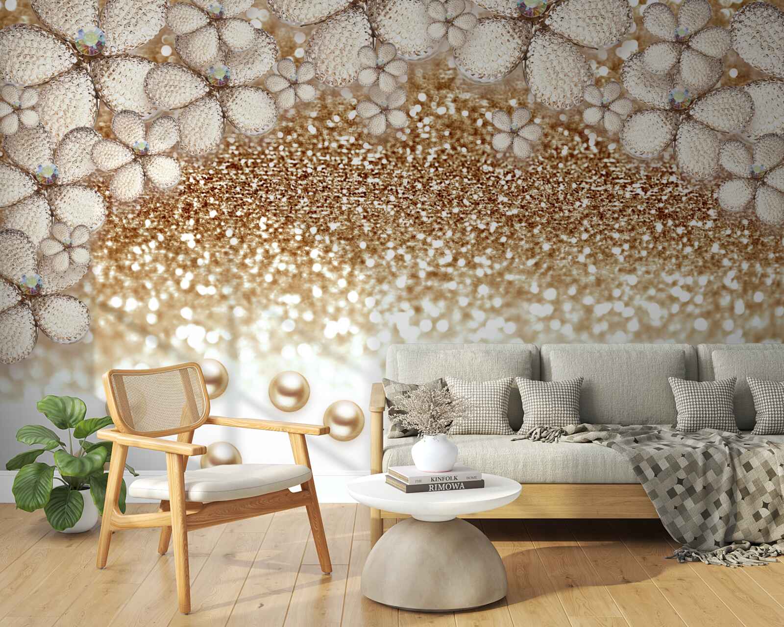 Fotobehang witte en gouden bloemen en parels