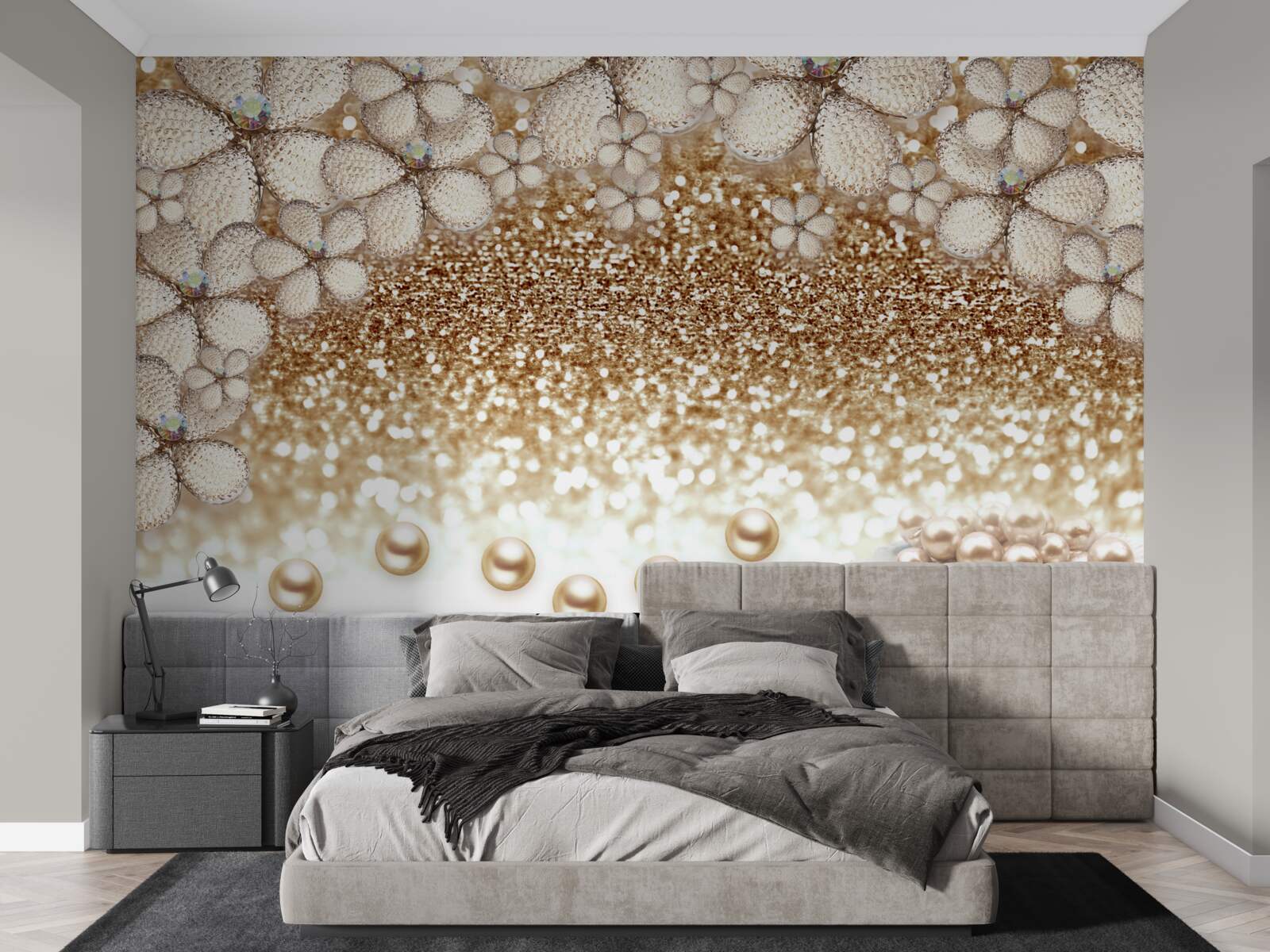 Fotobehang witte en gouden bloemen en parels