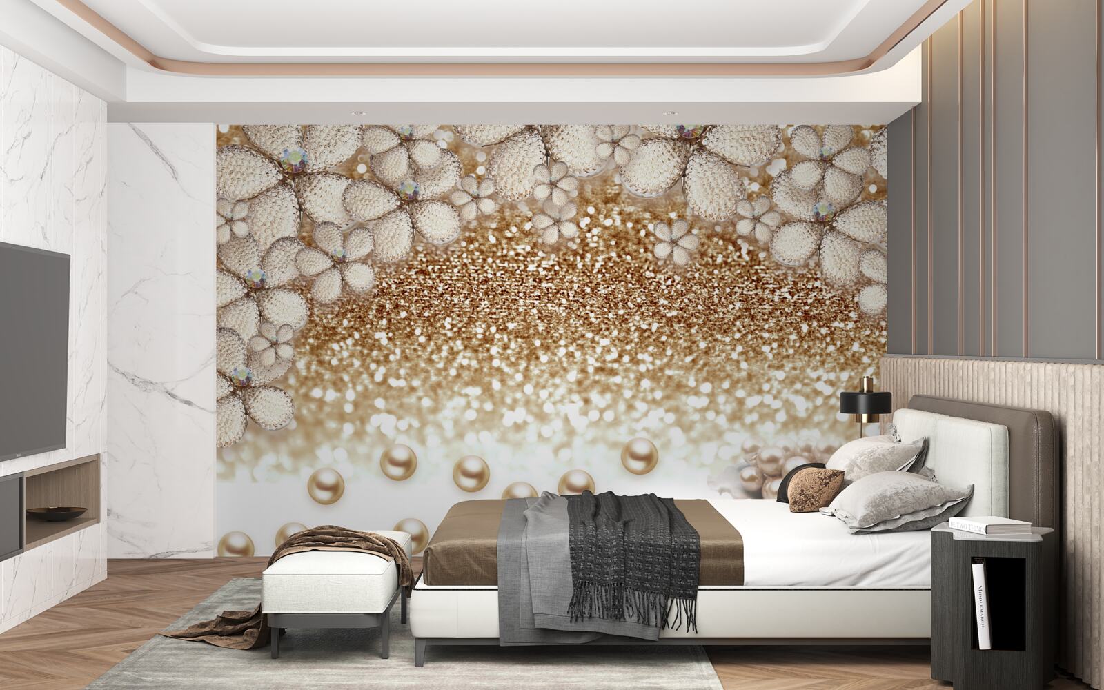 Fotobehang witte en gouden bloemen en parels