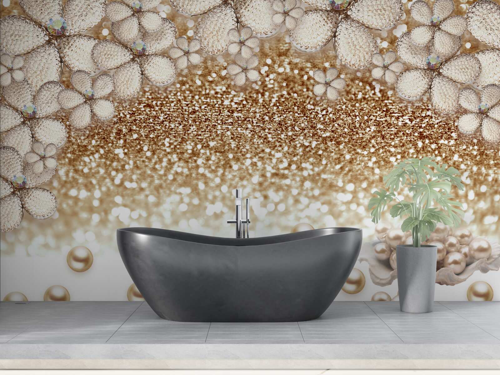 Fotobehang witte en gouden bloemen en parels