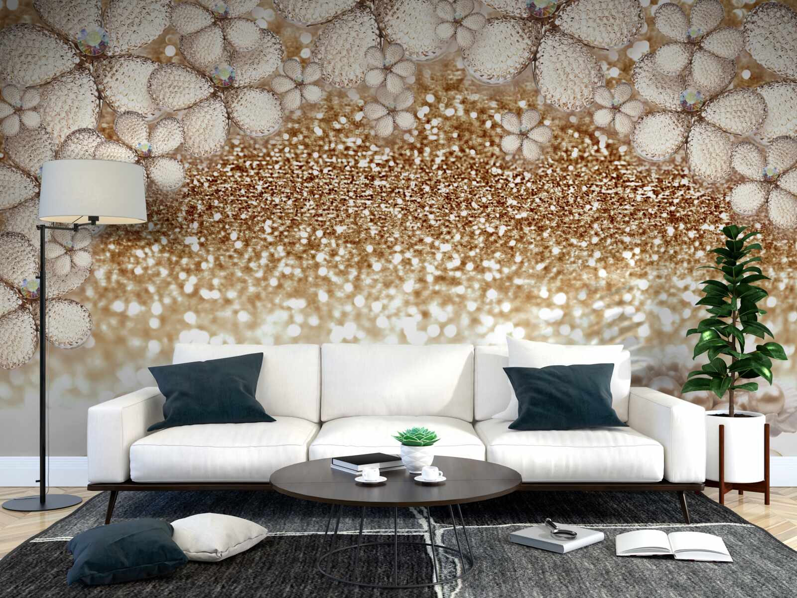 Fotobehang witte en gouden bloemen en parels