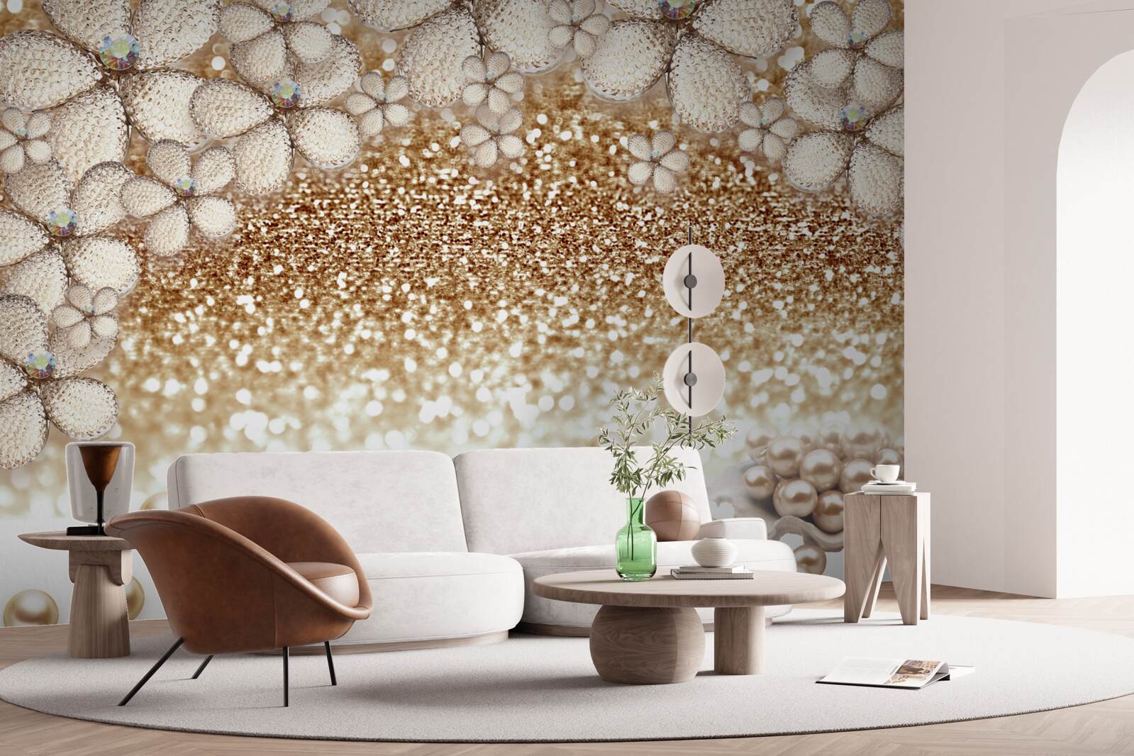 Fotobehang witte en gouden bloemen en parels