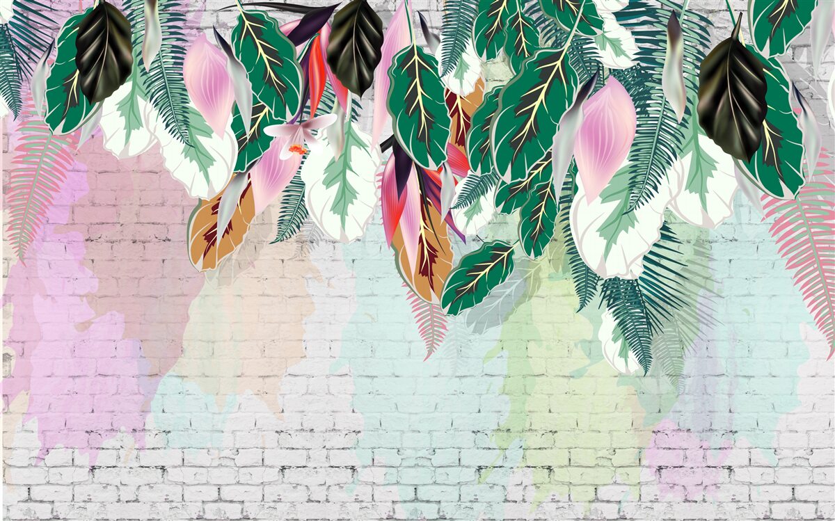 Fotobehang tropische bladeren op een roze achtergrond