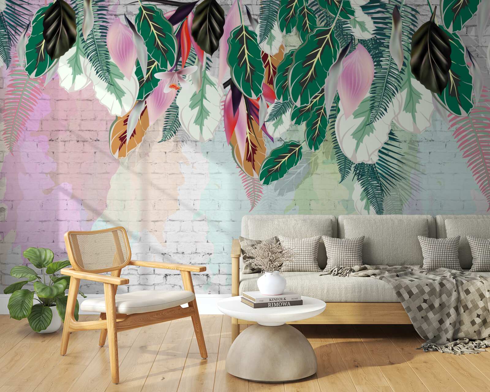 Fotobehang tropische bladeren op een roze achtergrond