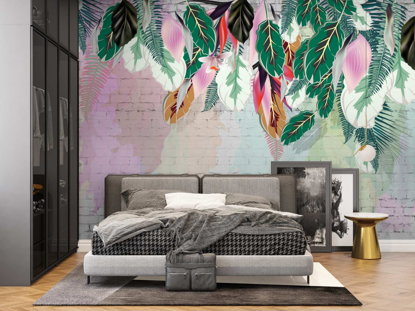 Fotobehang tropische bladeren op een roze achtergrond