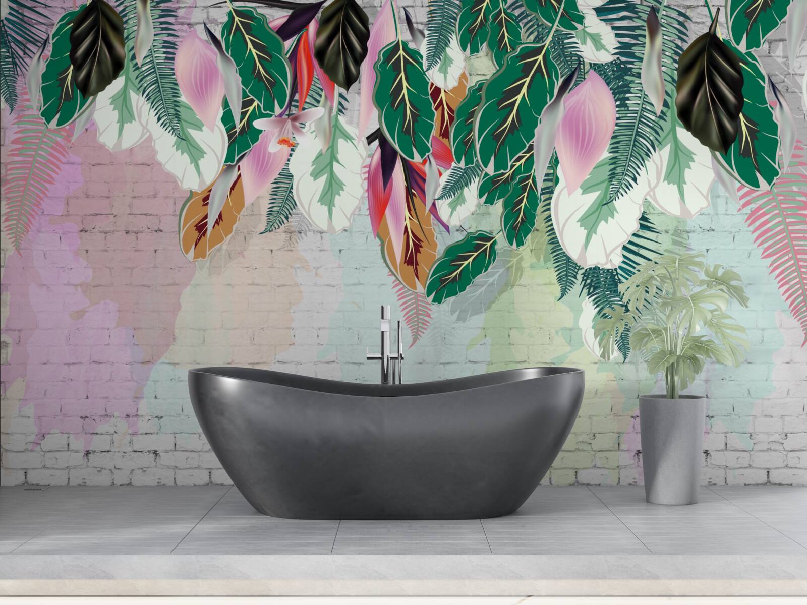 Fotobehang tropische bladeren op een roze achtergrond