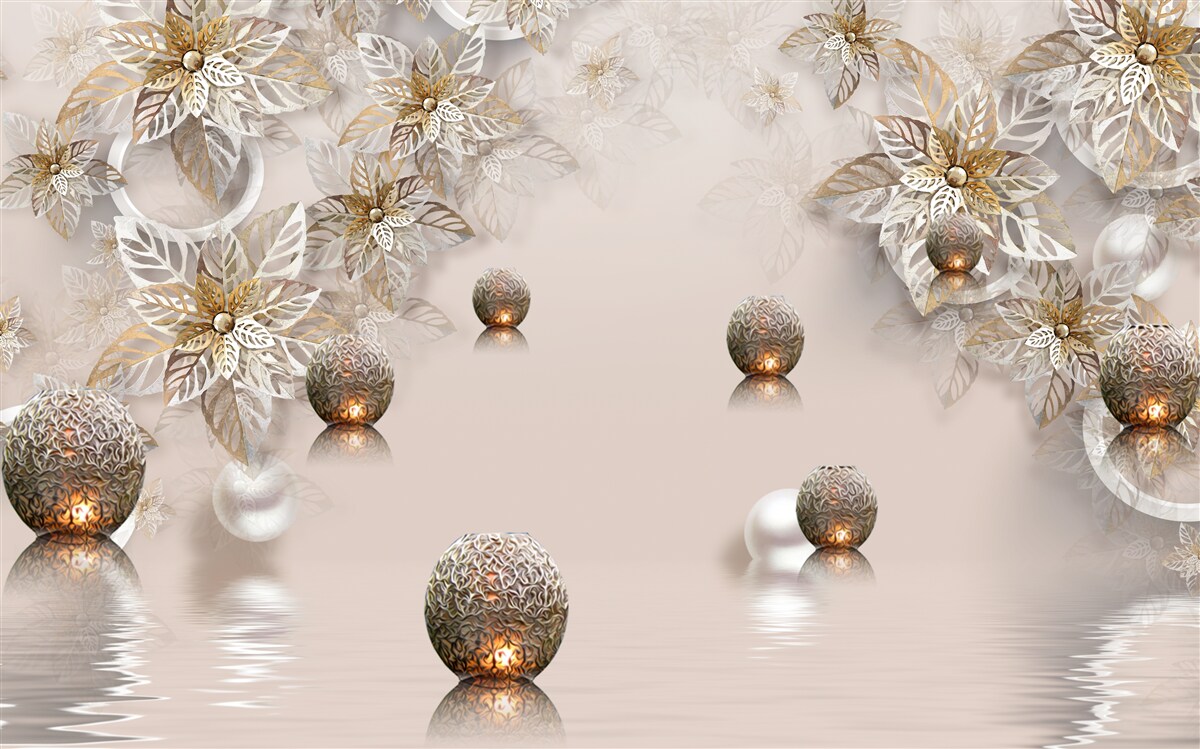 Fotobehang gouden planten en ballen met verlichting