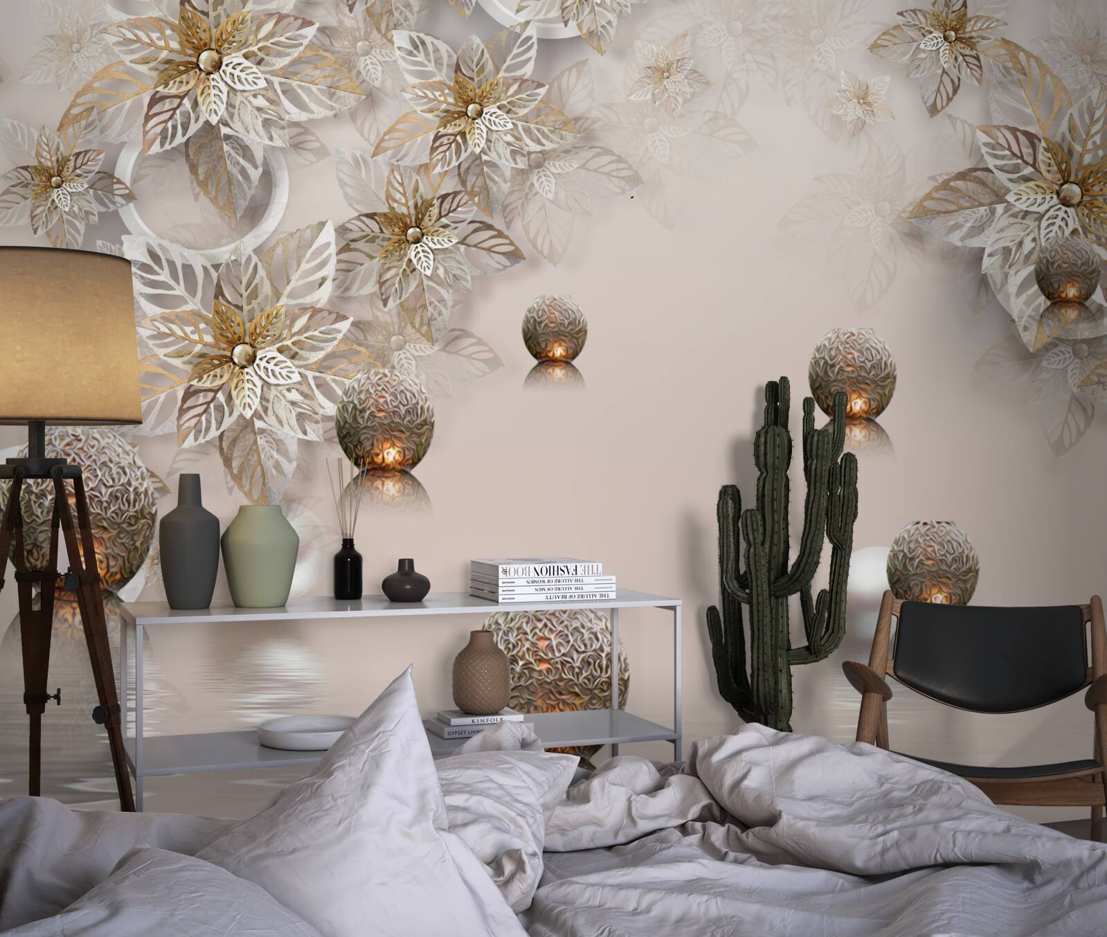 Fotobehang gouden planten en ballen met verlichting