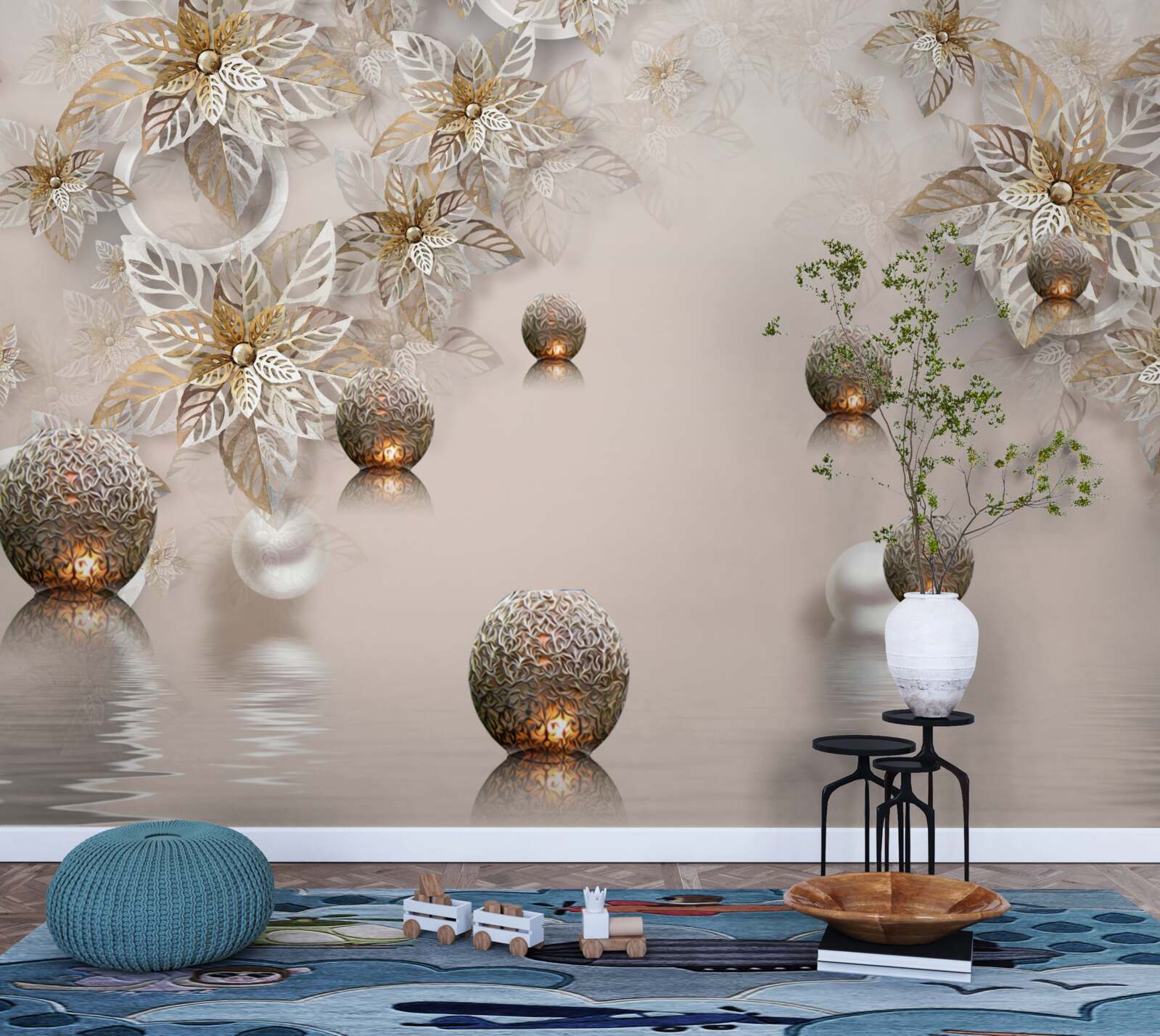 Fotobehang gouden planten en ballen met verlichting