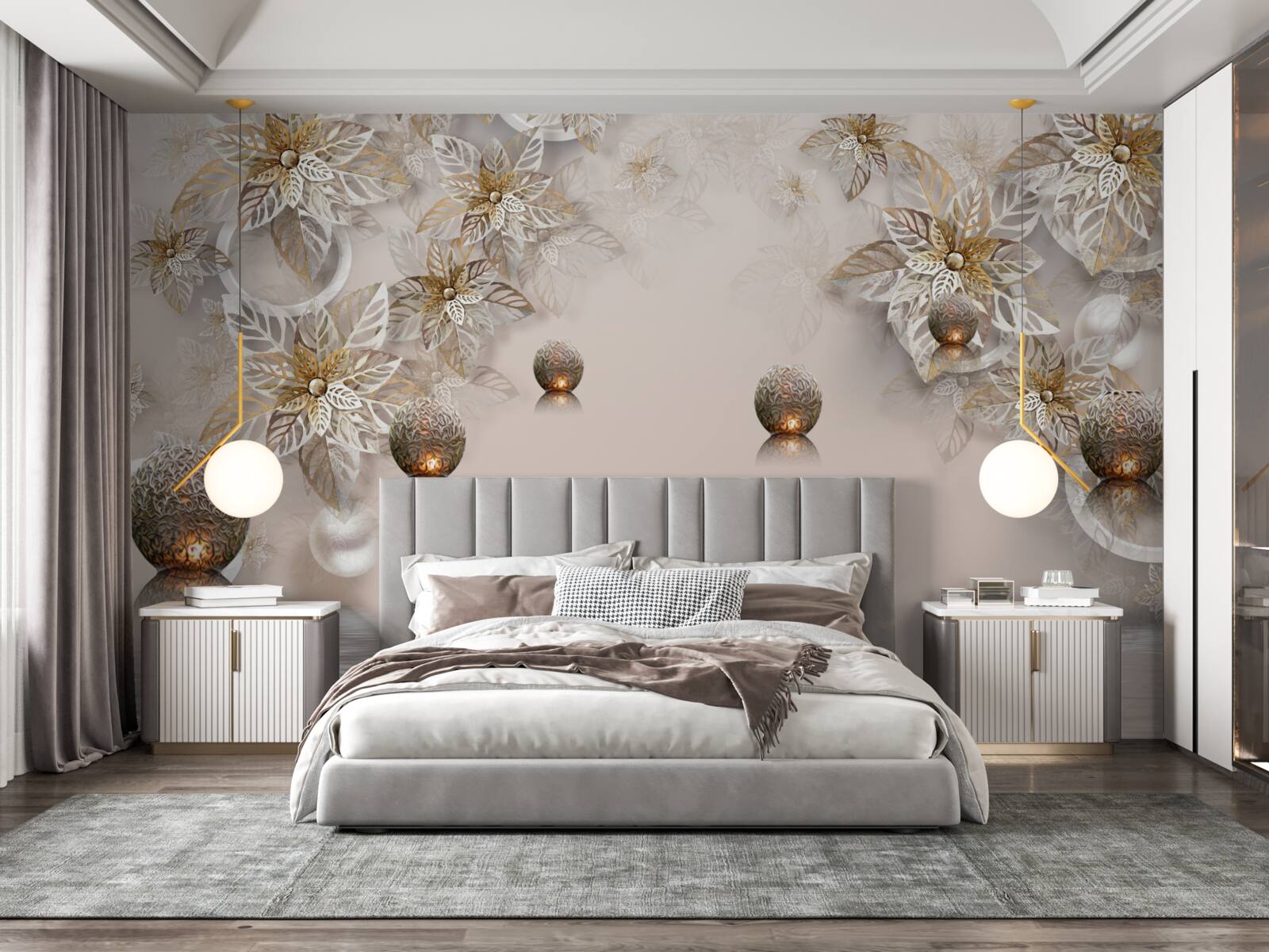 Fotobehang gouden planten en ballen met verlichting