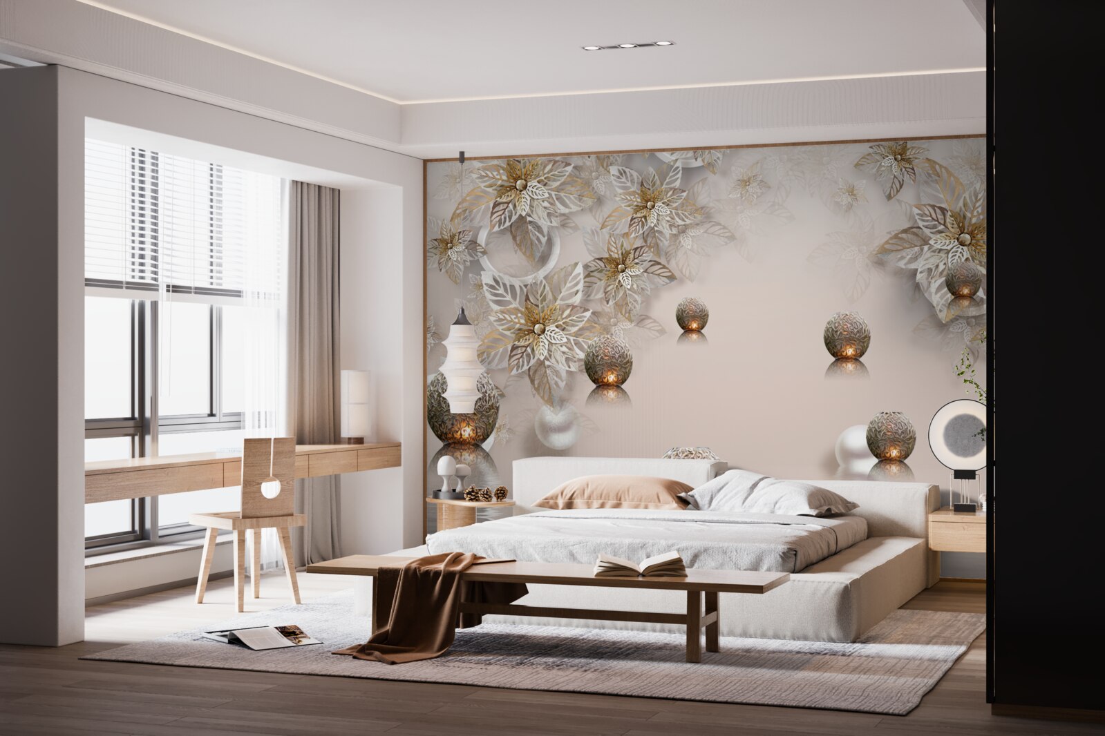 Fotobehang gouden planten en ballen met verlichting