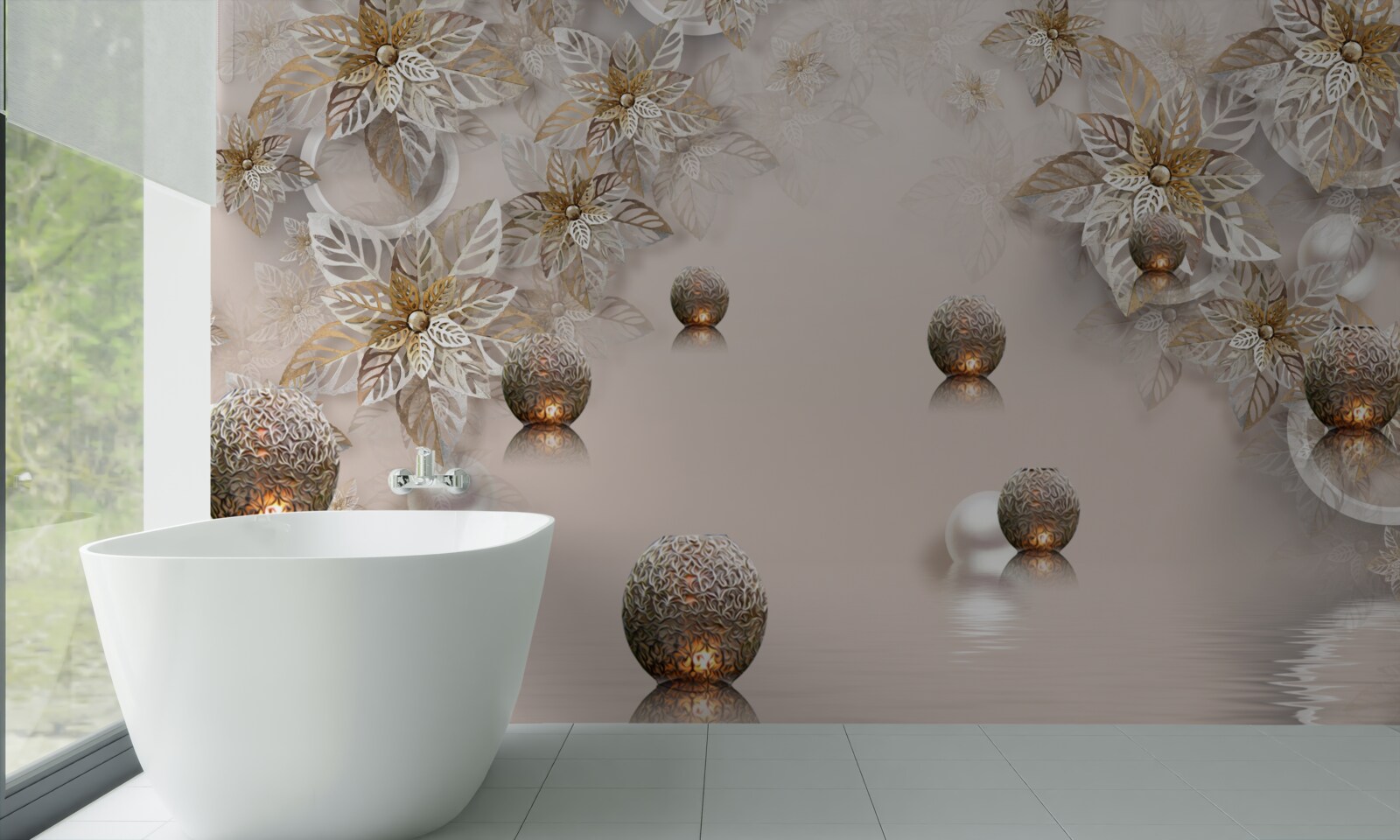 Fotobehang gouden planten en ballen met verlichting