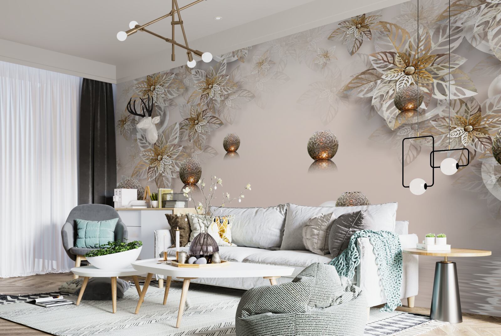 Fotobehang gouden planten en ballen met verlichting