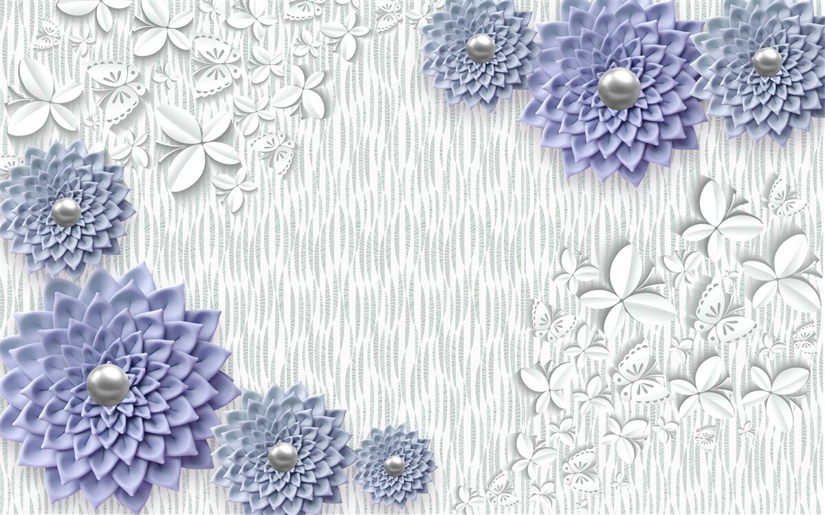 Fotobehang blauwe stof met bloemen en vlinders