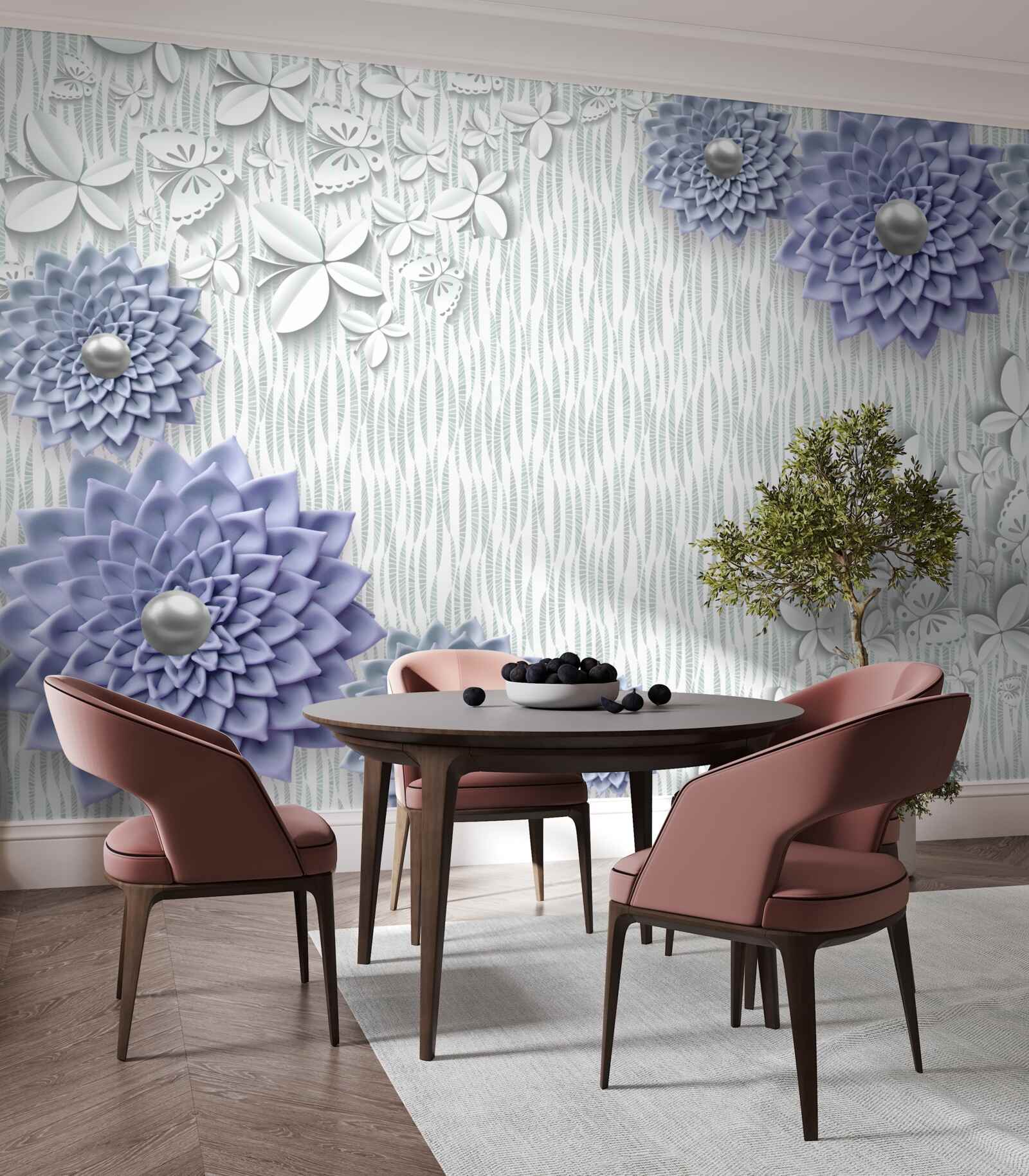 Fotobehang blauwe stof met bloemen en vlinders