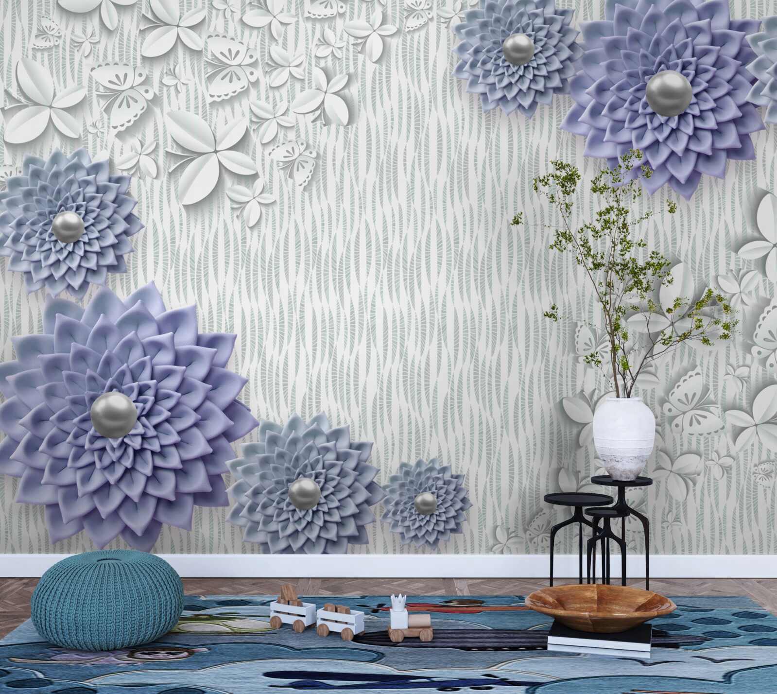 Fotobehang blauwe stof met bloemen en vlinders