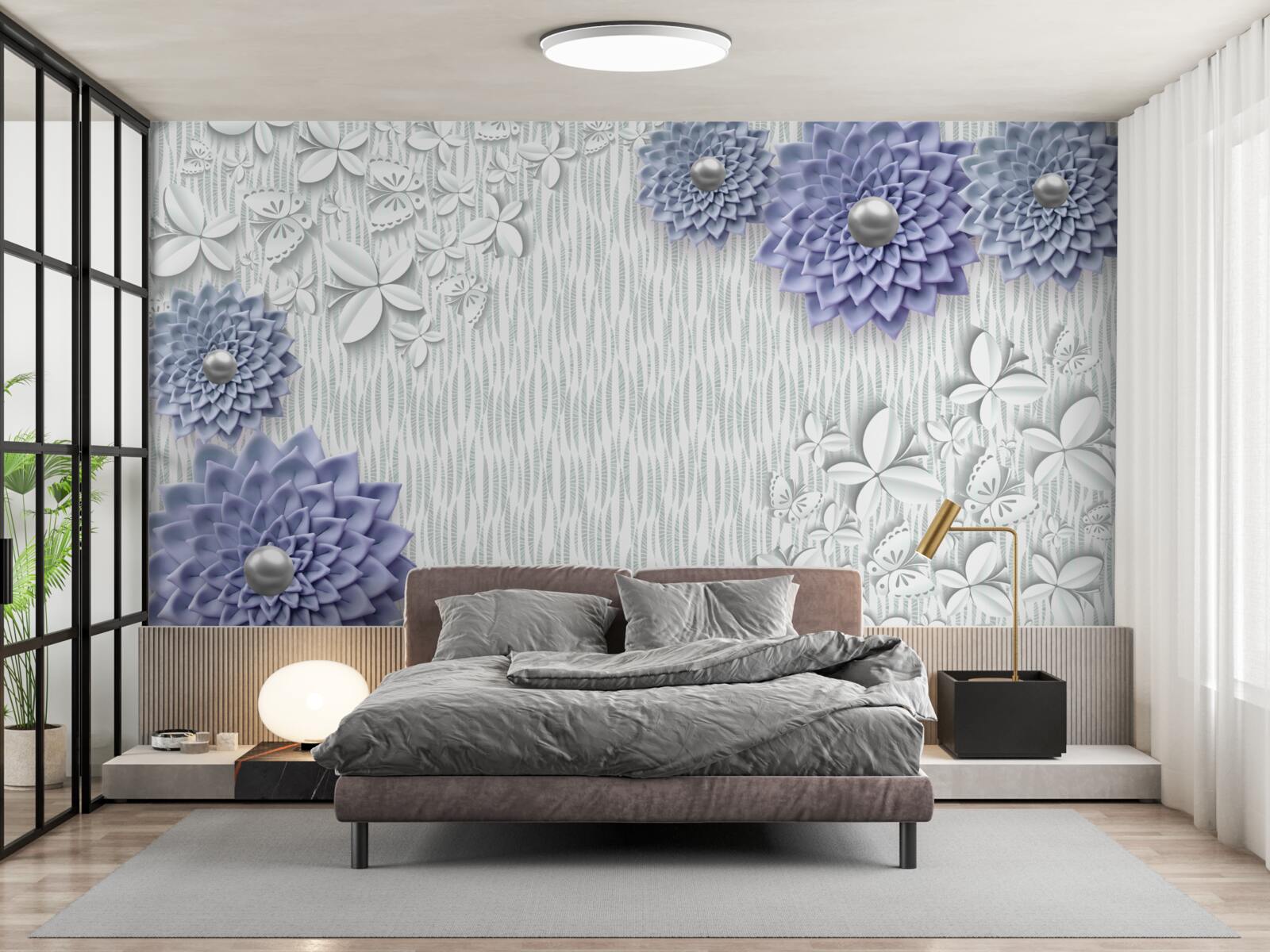 Fotobehang blauwe stof met bloemen en vlinders