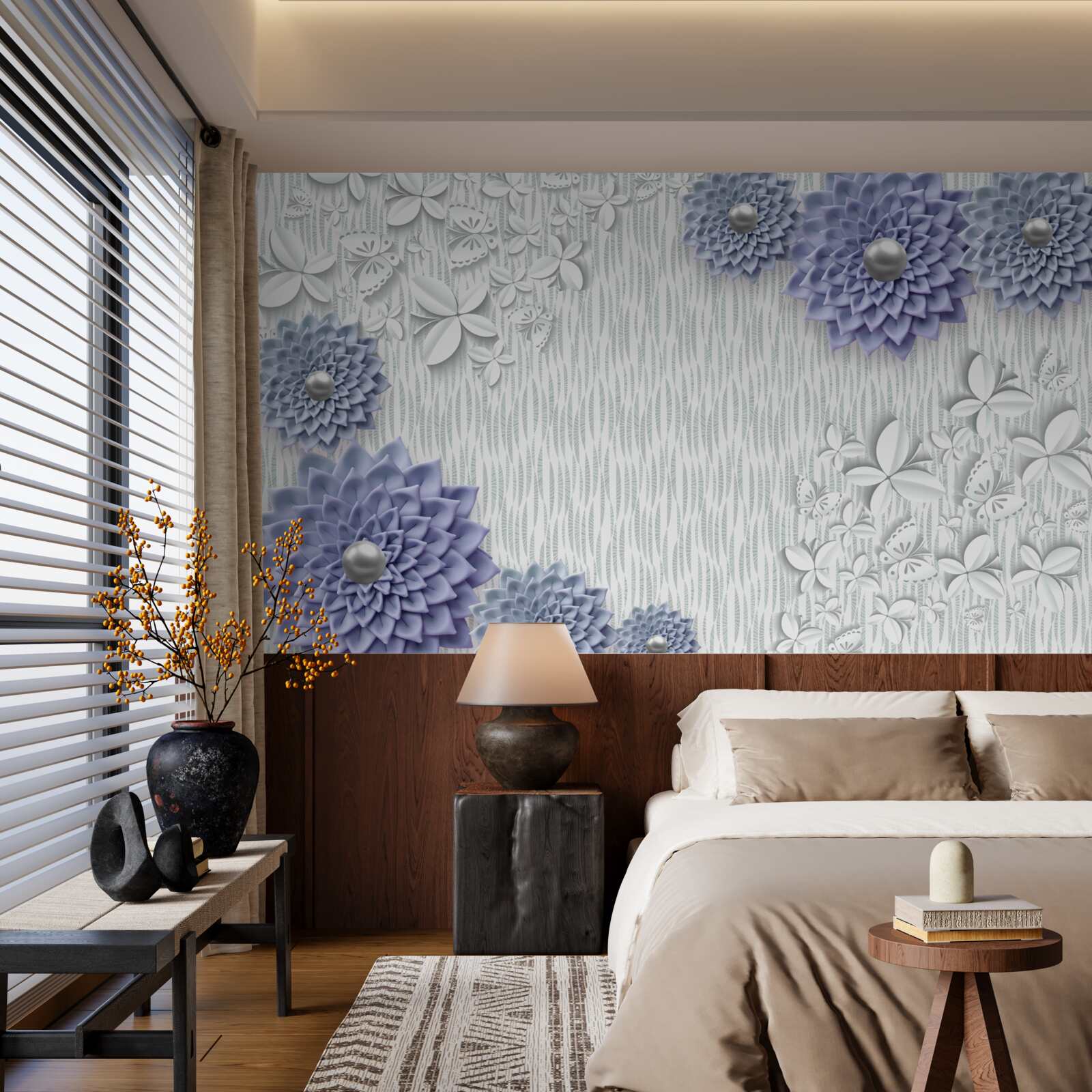 Fotobehang blauwe stof met bloemen en vlinders