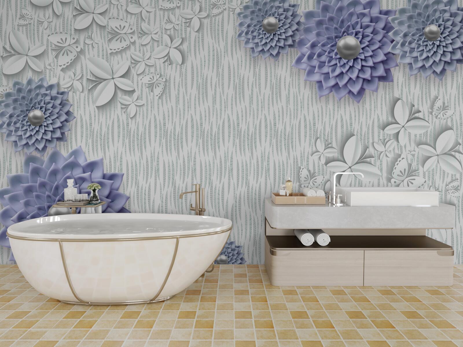 Fotobehang blauwe stof met bloemen en vlinders