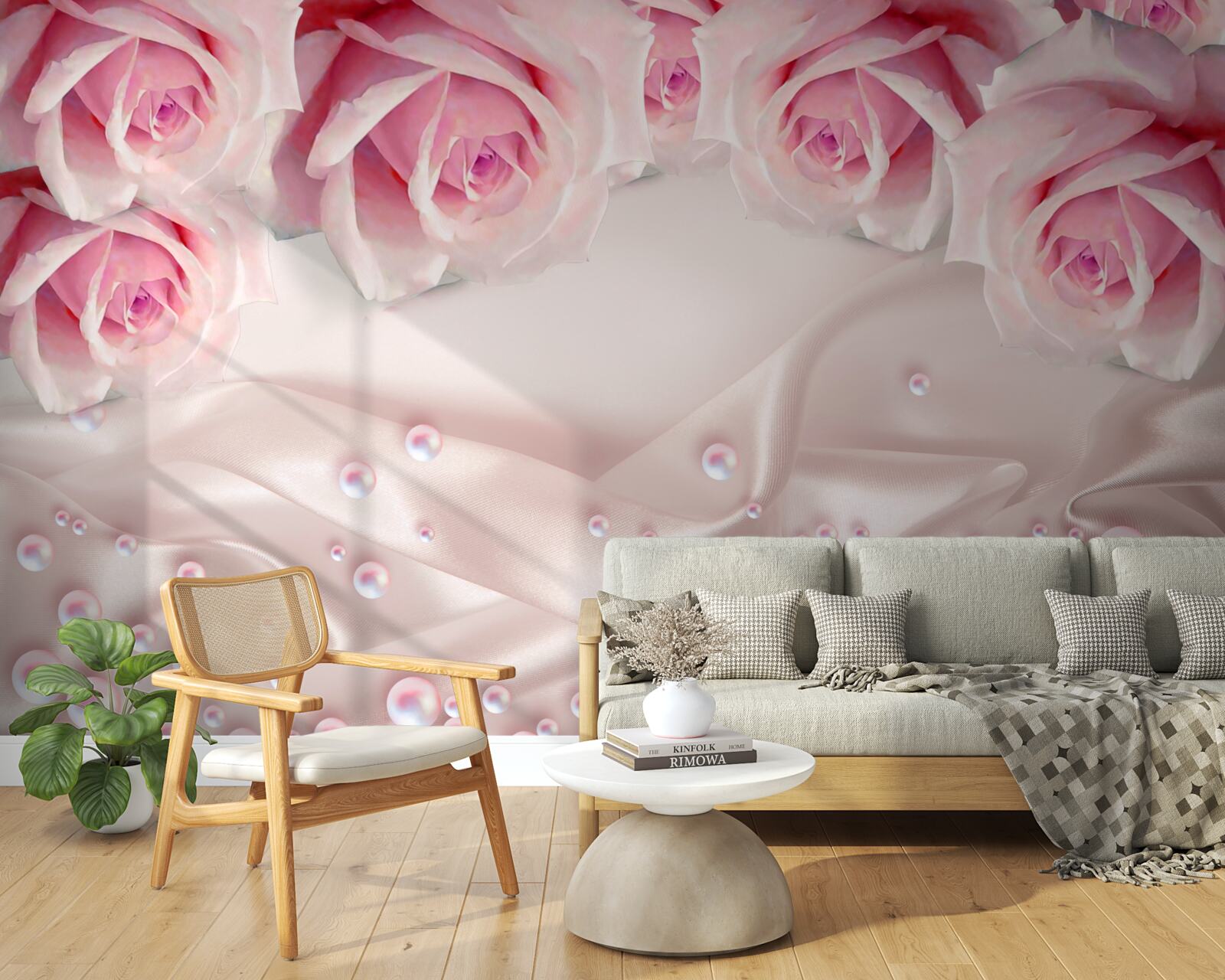 Fotobehang complexe set kralen en zijden roze rozen