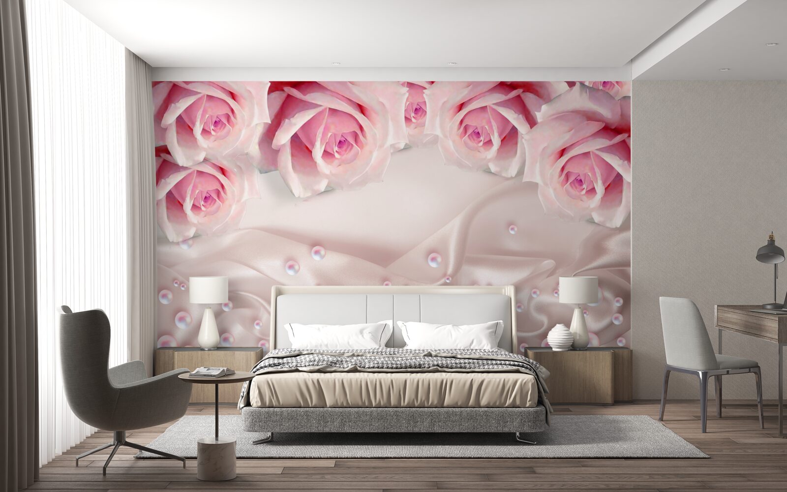 Fotobehang complexe set kralen en zijden roze rozen