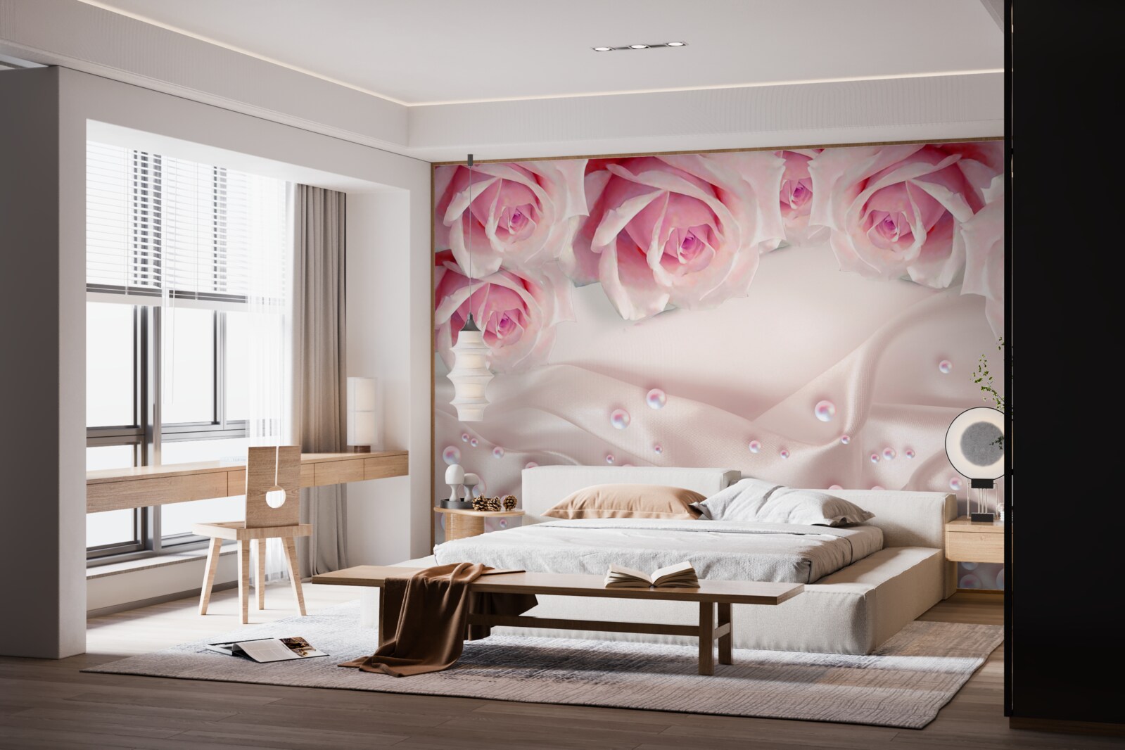 Fotobehang complexe set kralen en zijden roze rozen