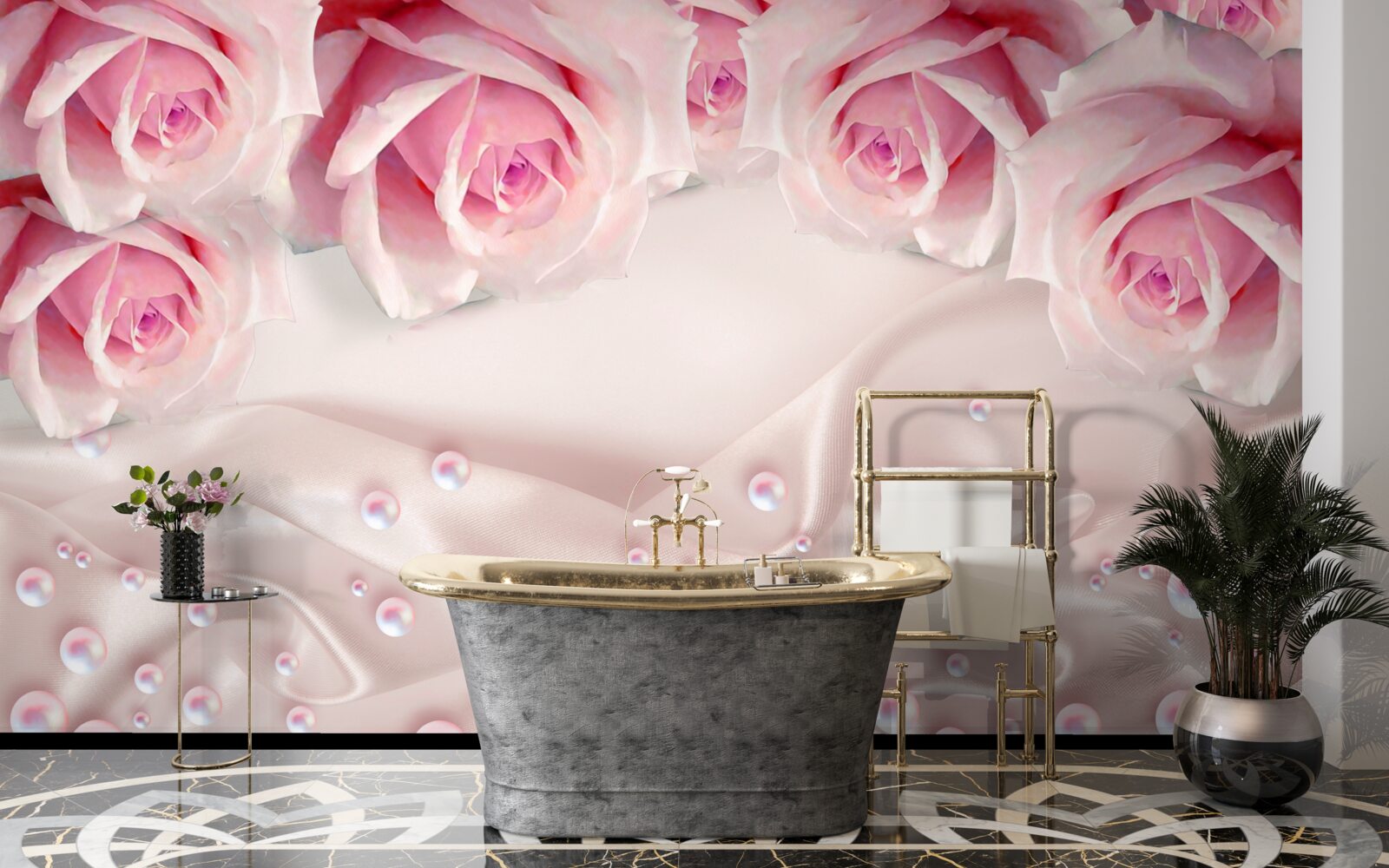 Fotobehang complexe set kralen en zijden roze rozen